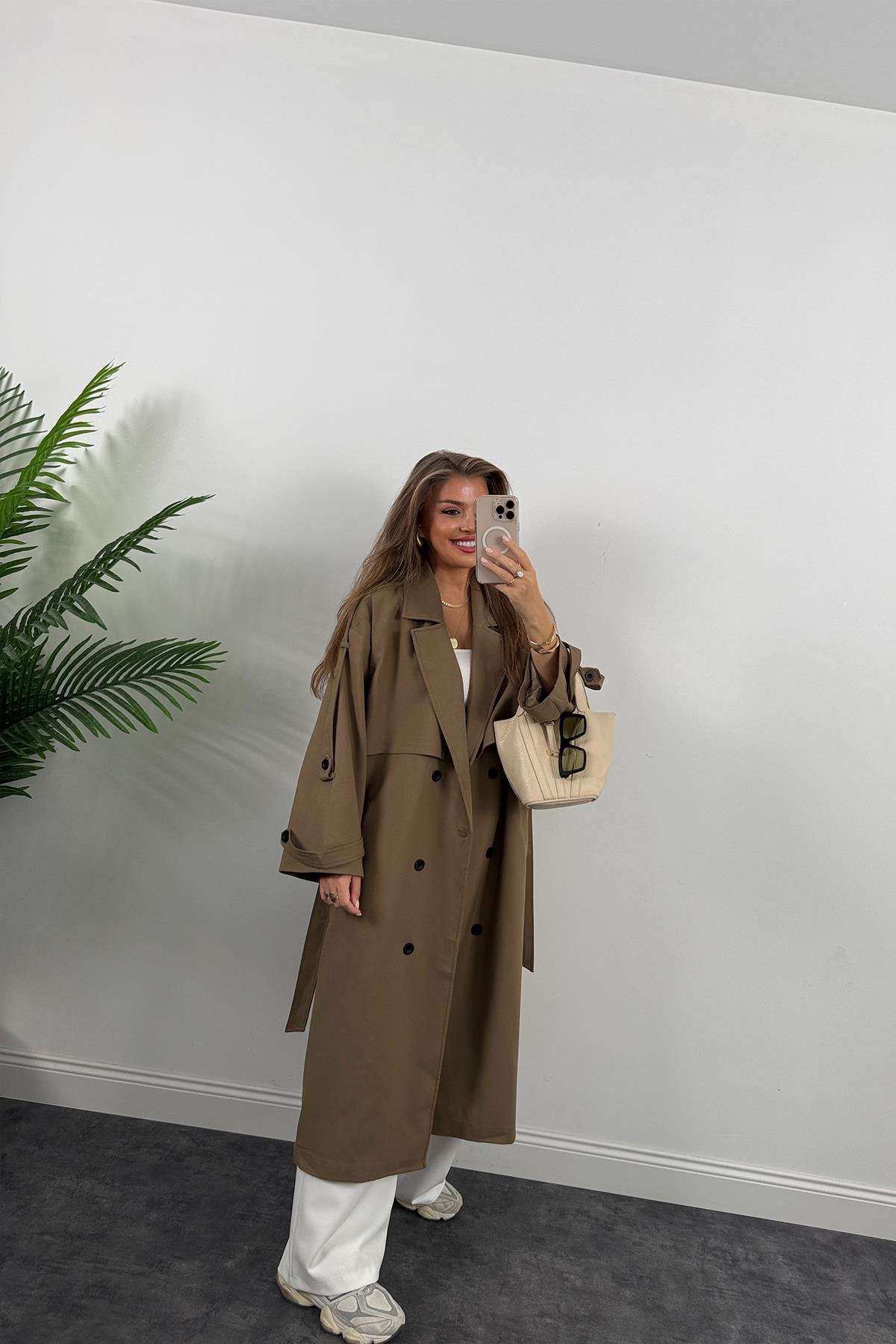 Premium Kalite Poliviskon Kumaş Astarlı Trençkot Karamel