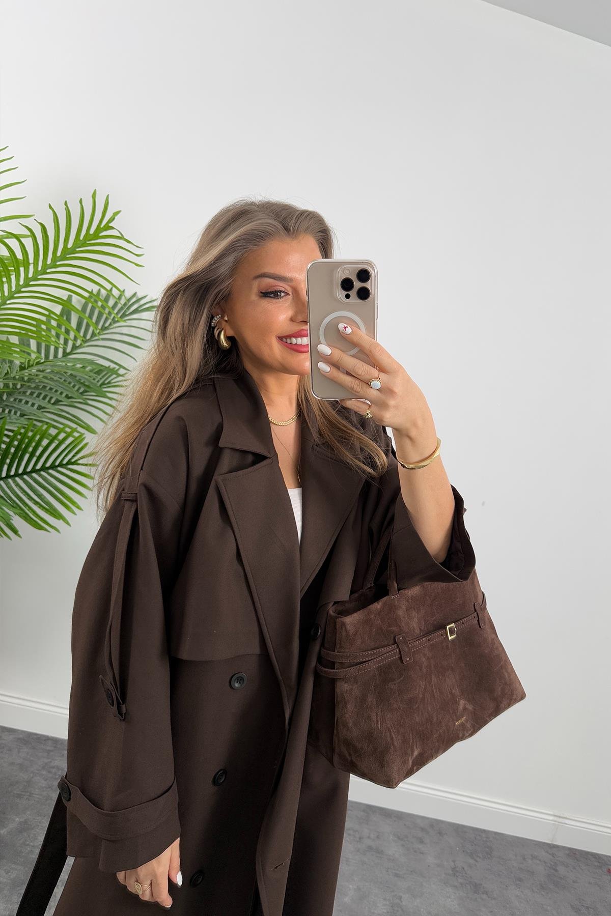 Premium Kalite Poliviskon Kumaş Astarlı Trençkot Acı Kahve