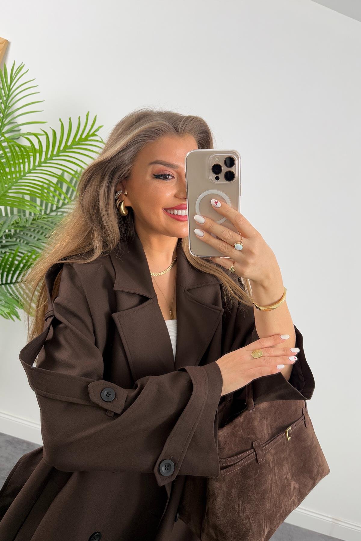 Premium Kalite Poliviskon Kumaş Astarlı Trençkot Acı Kahve