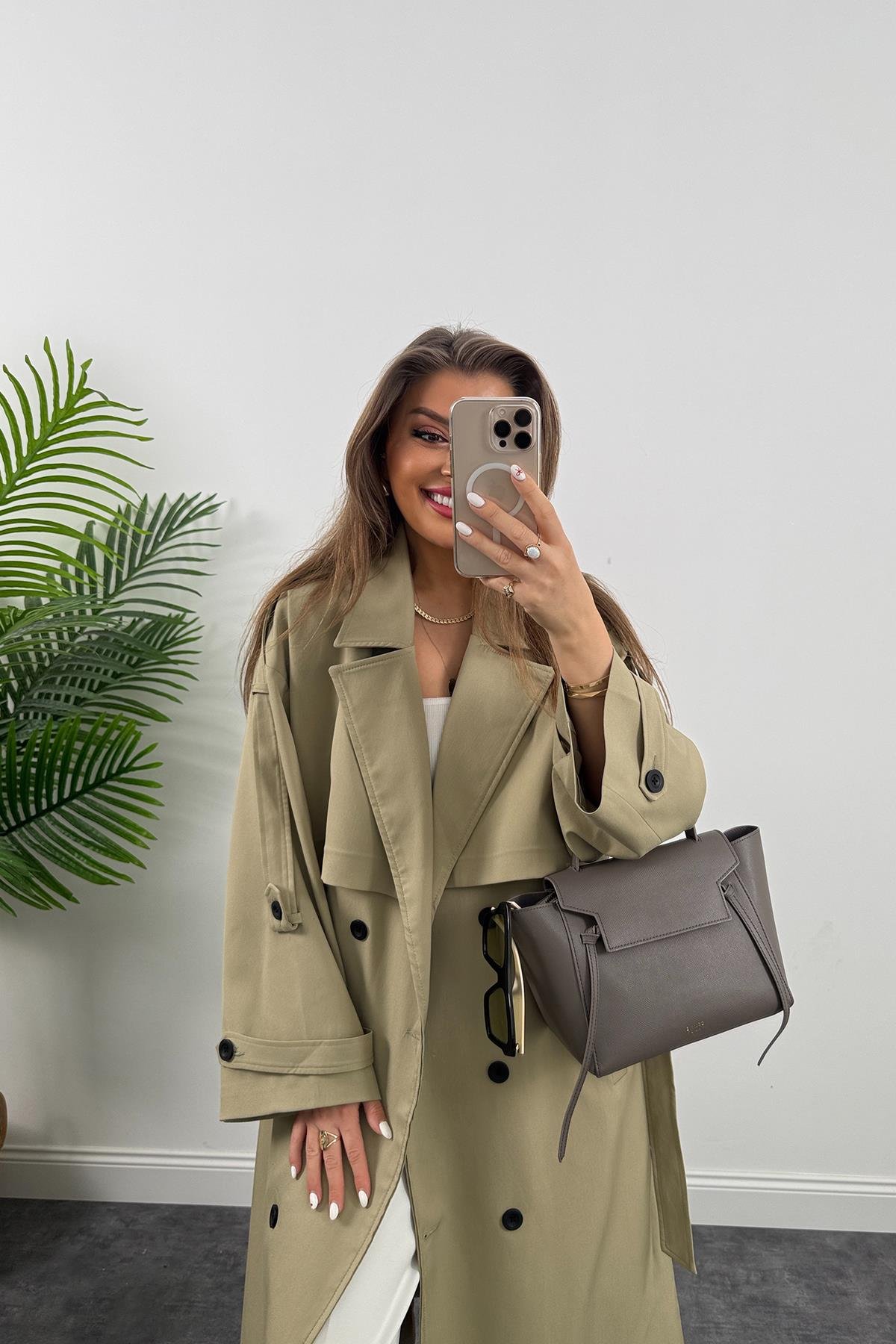 Premium Kalite Poliviskon Kumaş Astarlı Trençkot Yeşil