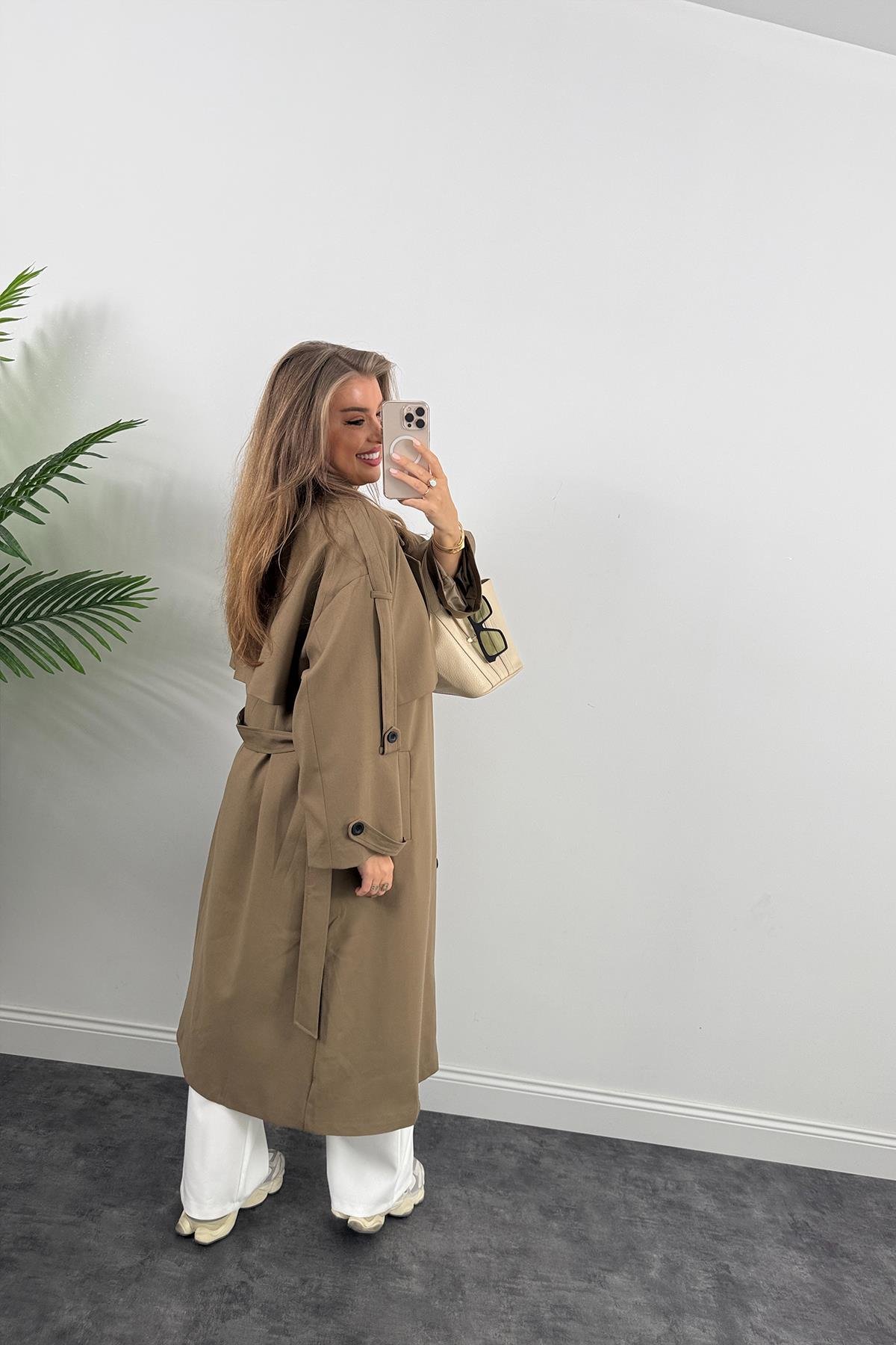 Premium Kalite Poliviskon Kumaş Astarlı Trençkot Karamel