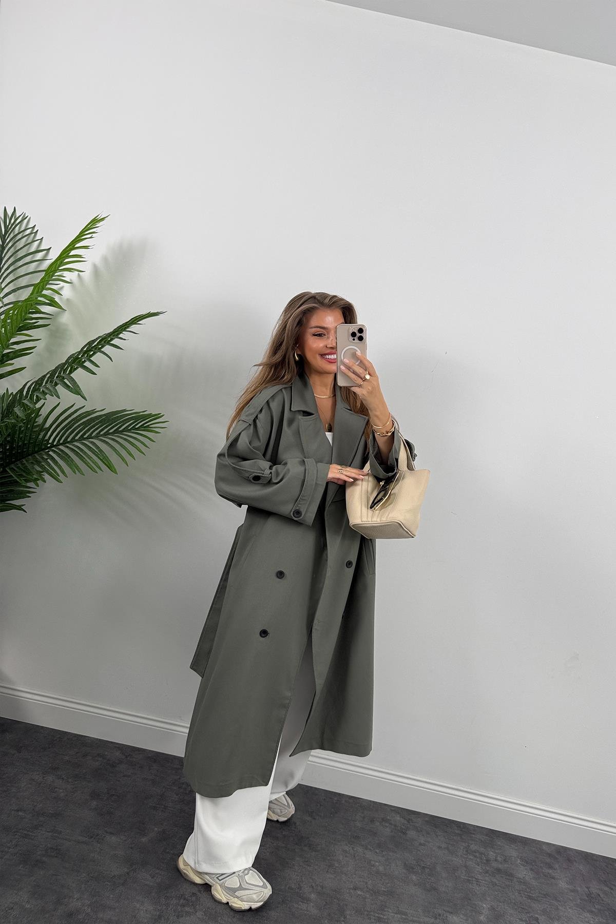 Premium Kalite Poliviskon Kumaş Astarlı Trençkot Orjinal Haki