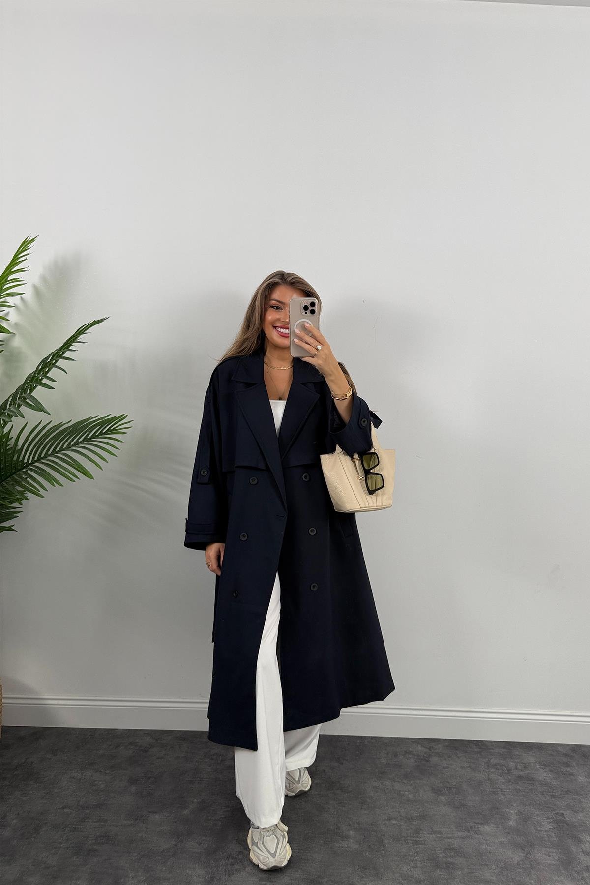 Premium Kalite Poliviskon Kumaş Astarlı Trençkot Lacivert