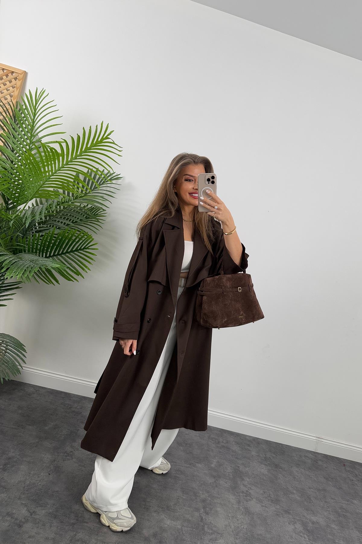 Premium Kalite Poliviskon Kumaş Astarlı Trençkot Acı Kahve