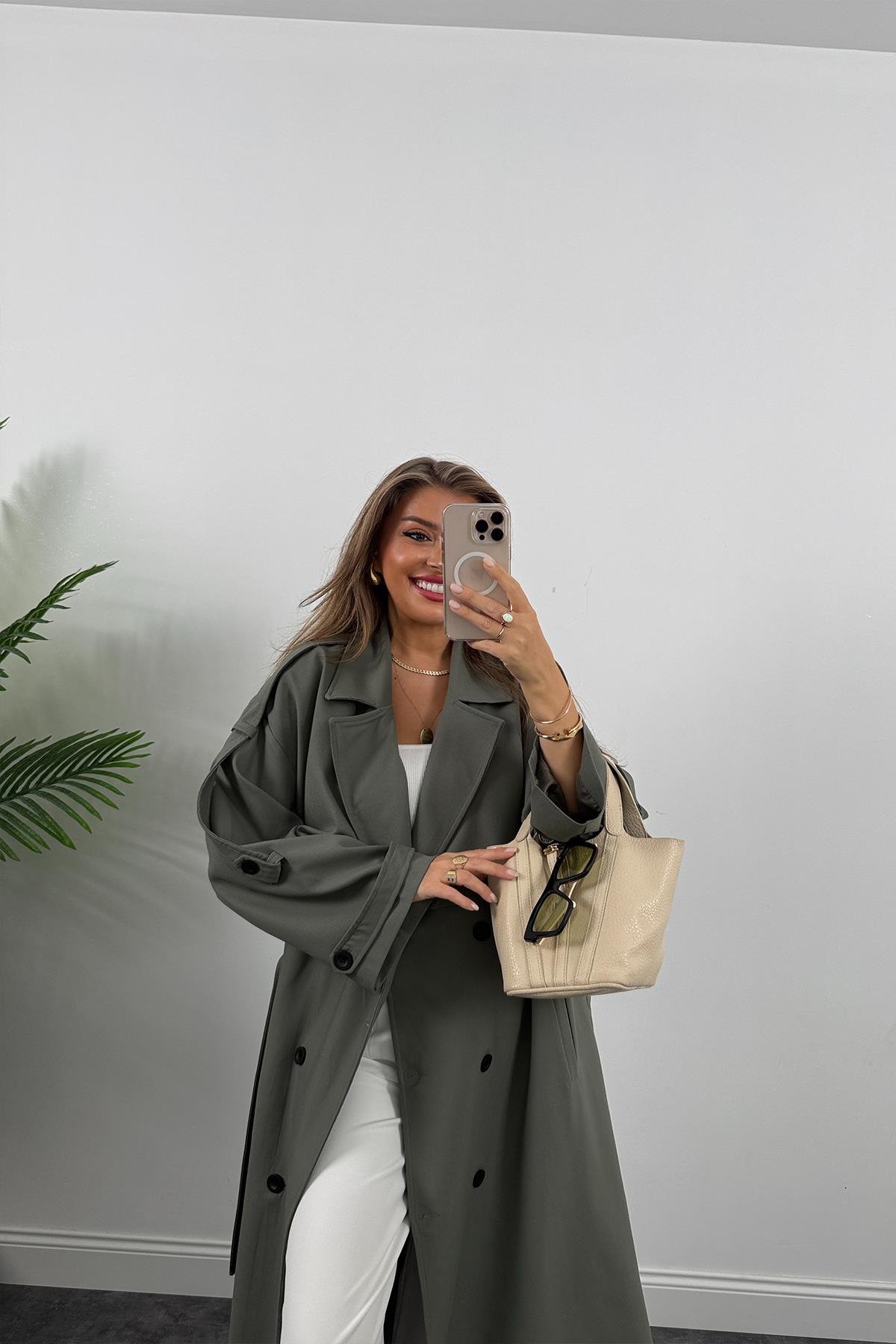 Premium Kalite Poliviskon Kumaş Astarlı Trençkot Orjinal Haki