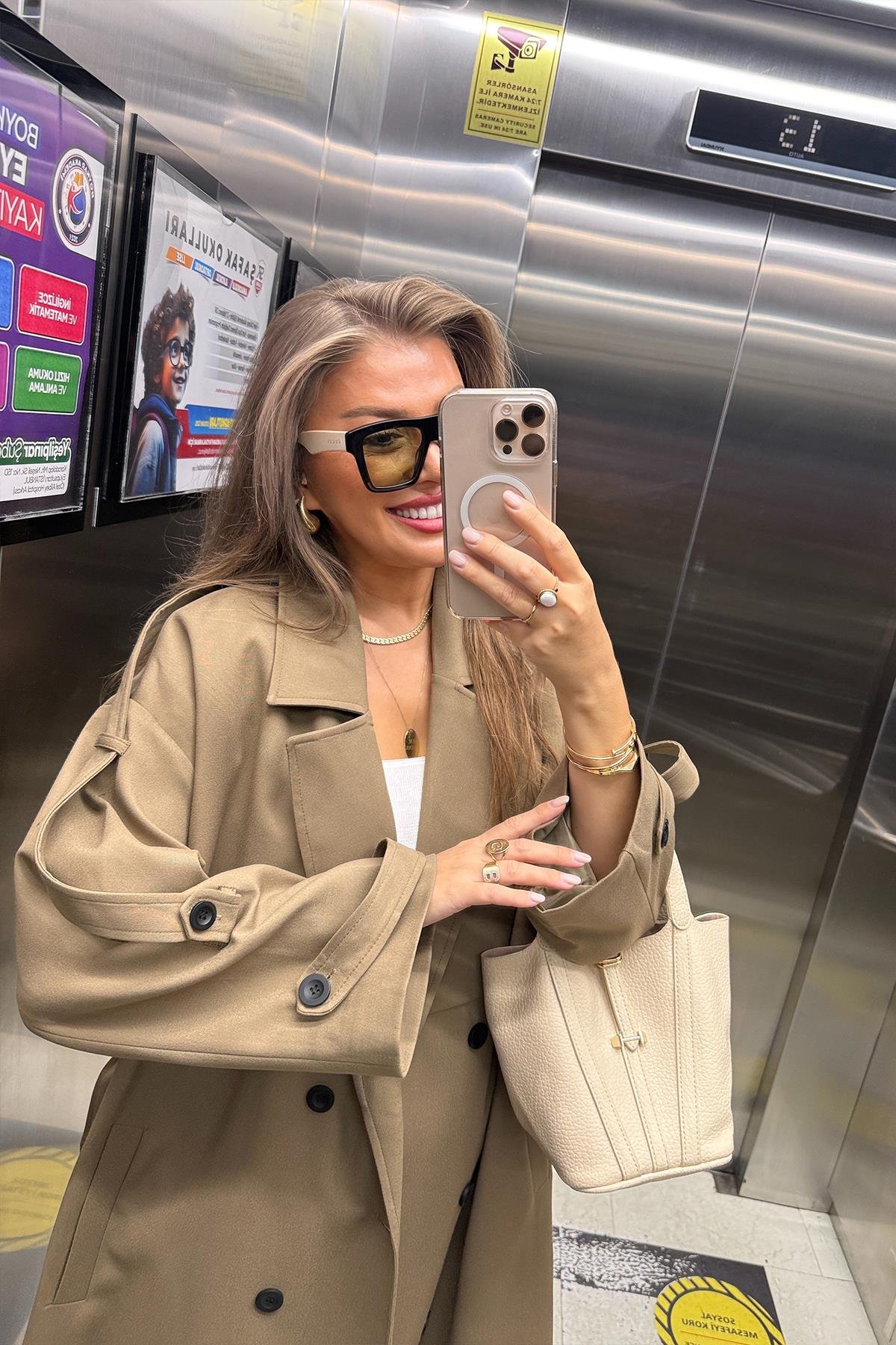 Premium Kalite Poliviskon Kumaş Astarlı Trençkot Karamel