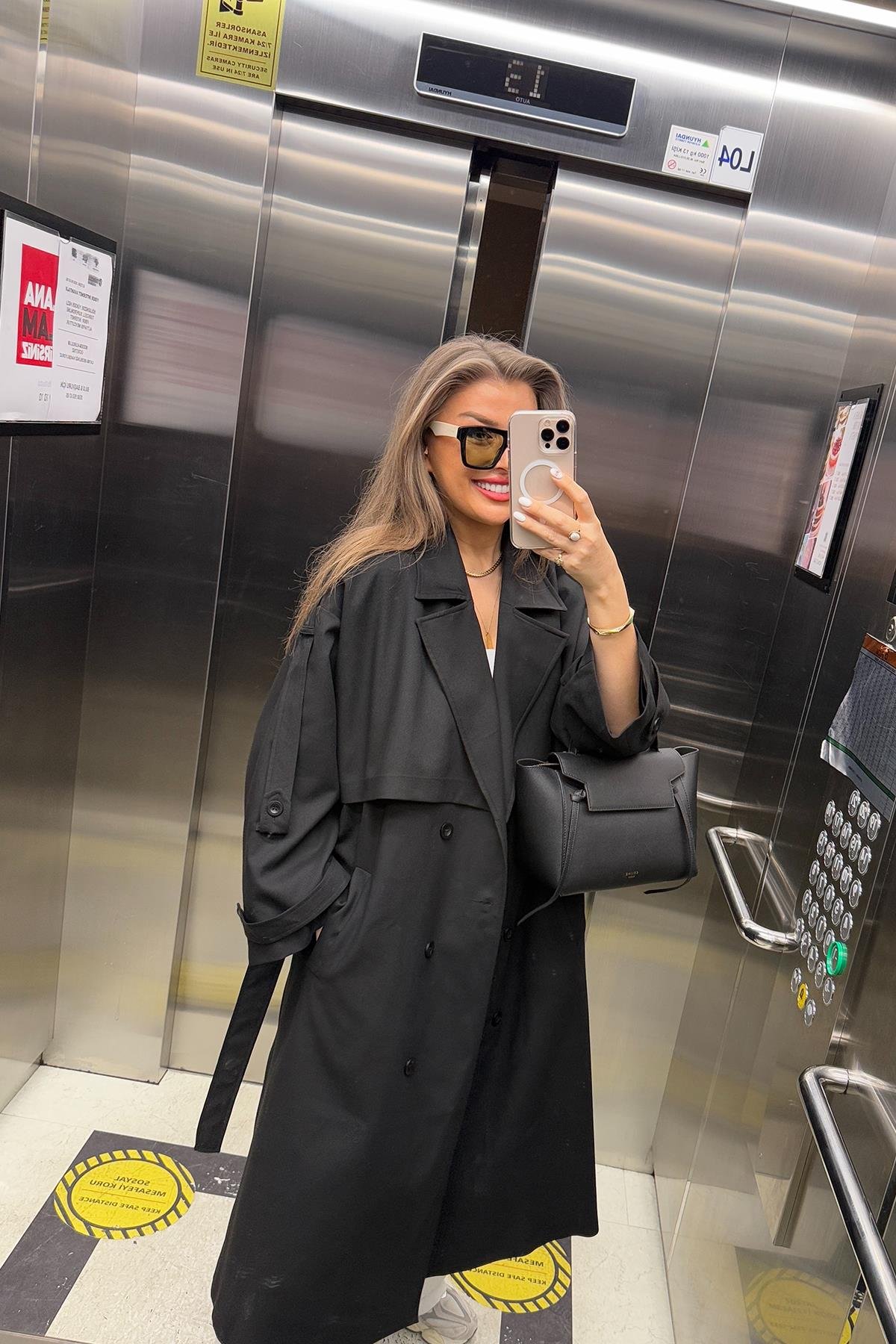 Premium Kalite Poliviskon Kumaş Astarlı Trençkot Siyah