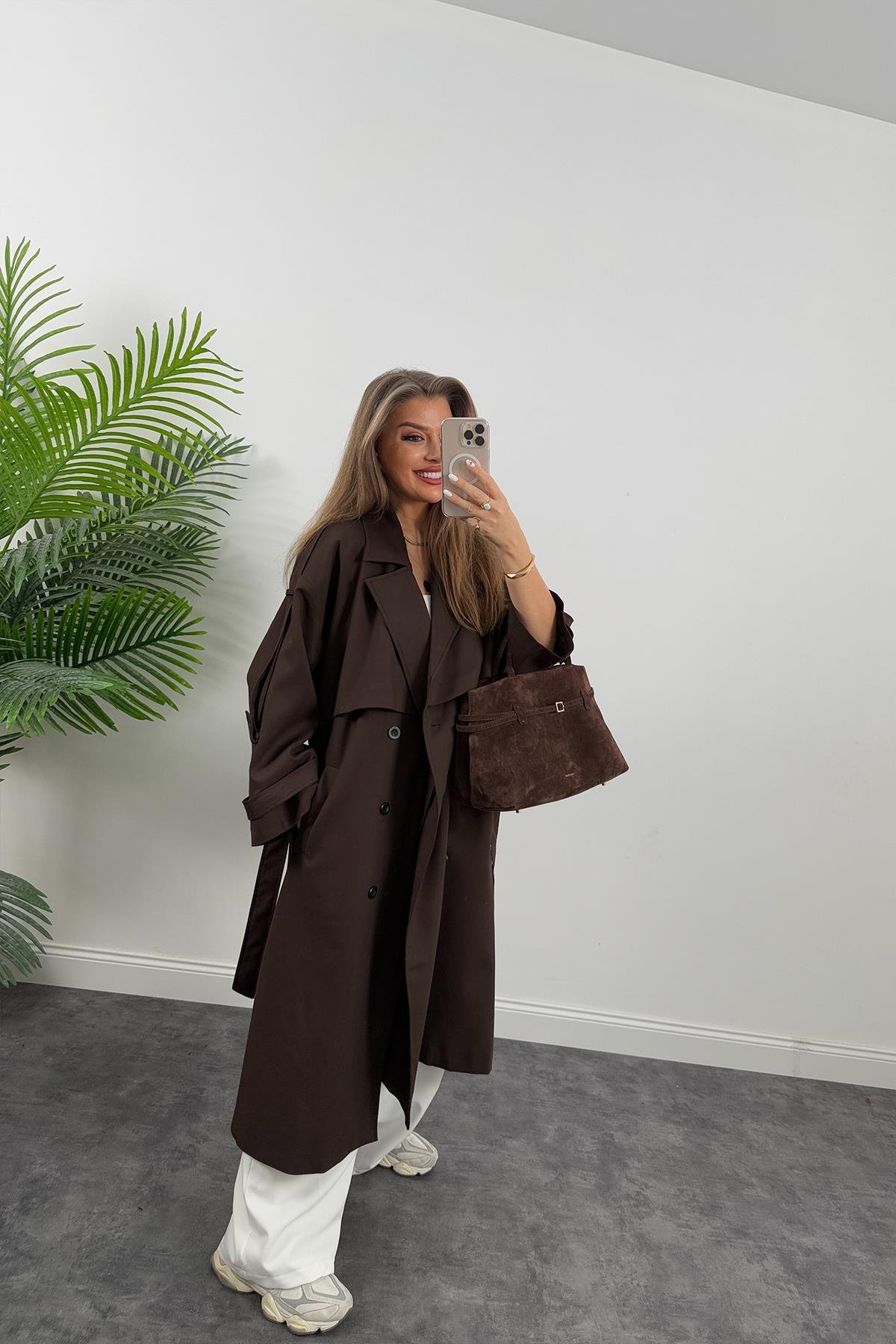 Premium Kalite Poliviskon Kumaş Astarlı Trençkot Acı Kahve