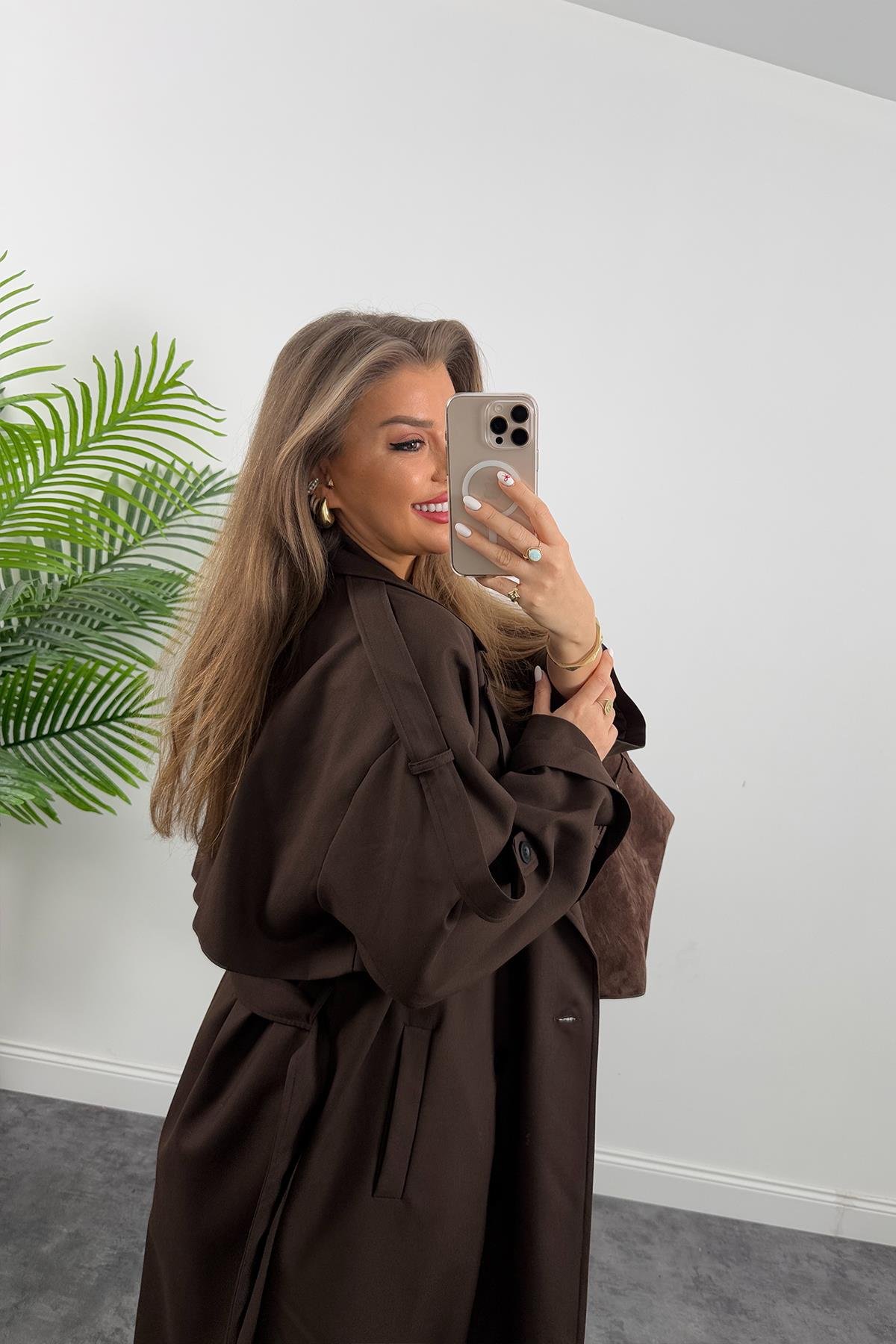 Premium Kalite Poliviskon Kumaş Astarlı Trençkot Acı Kahve