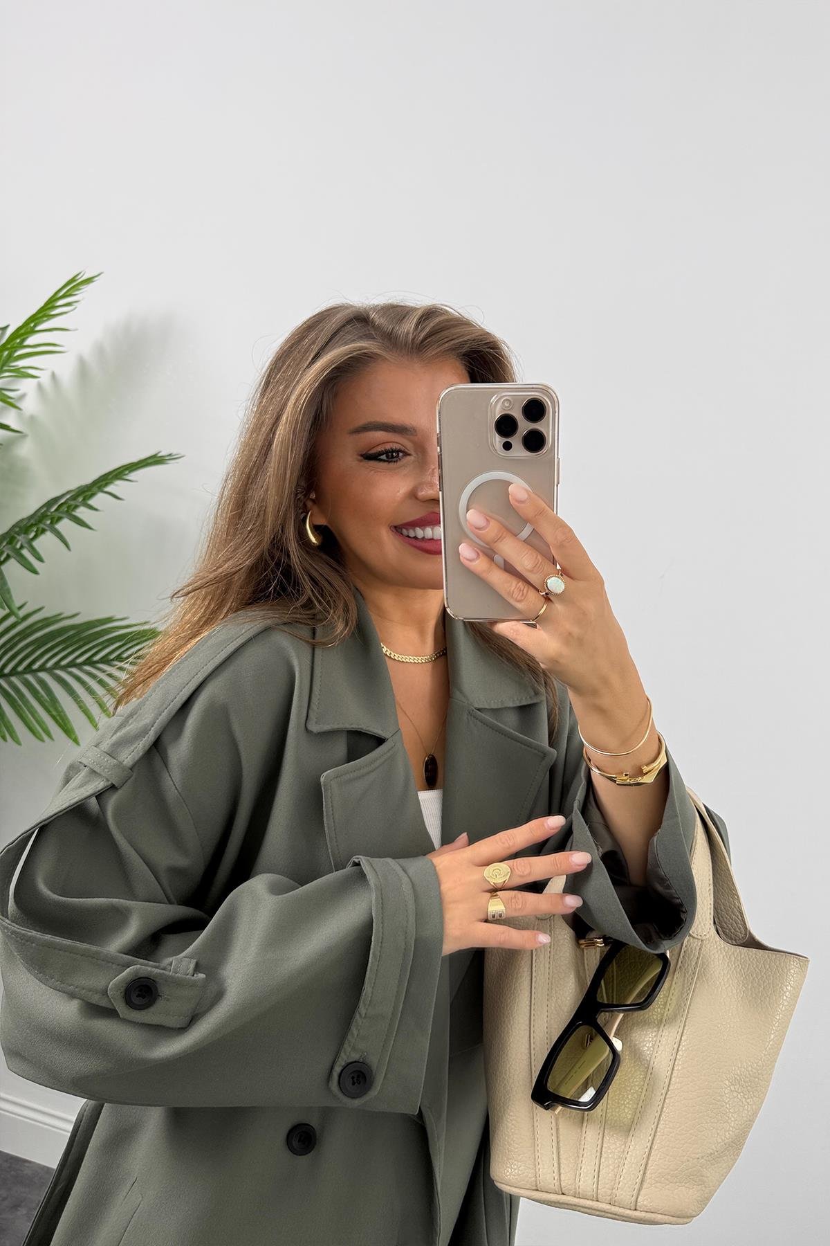 Premium Kalite Poliviskon Kumaş Astarlı Trençkot Orjinal Haki