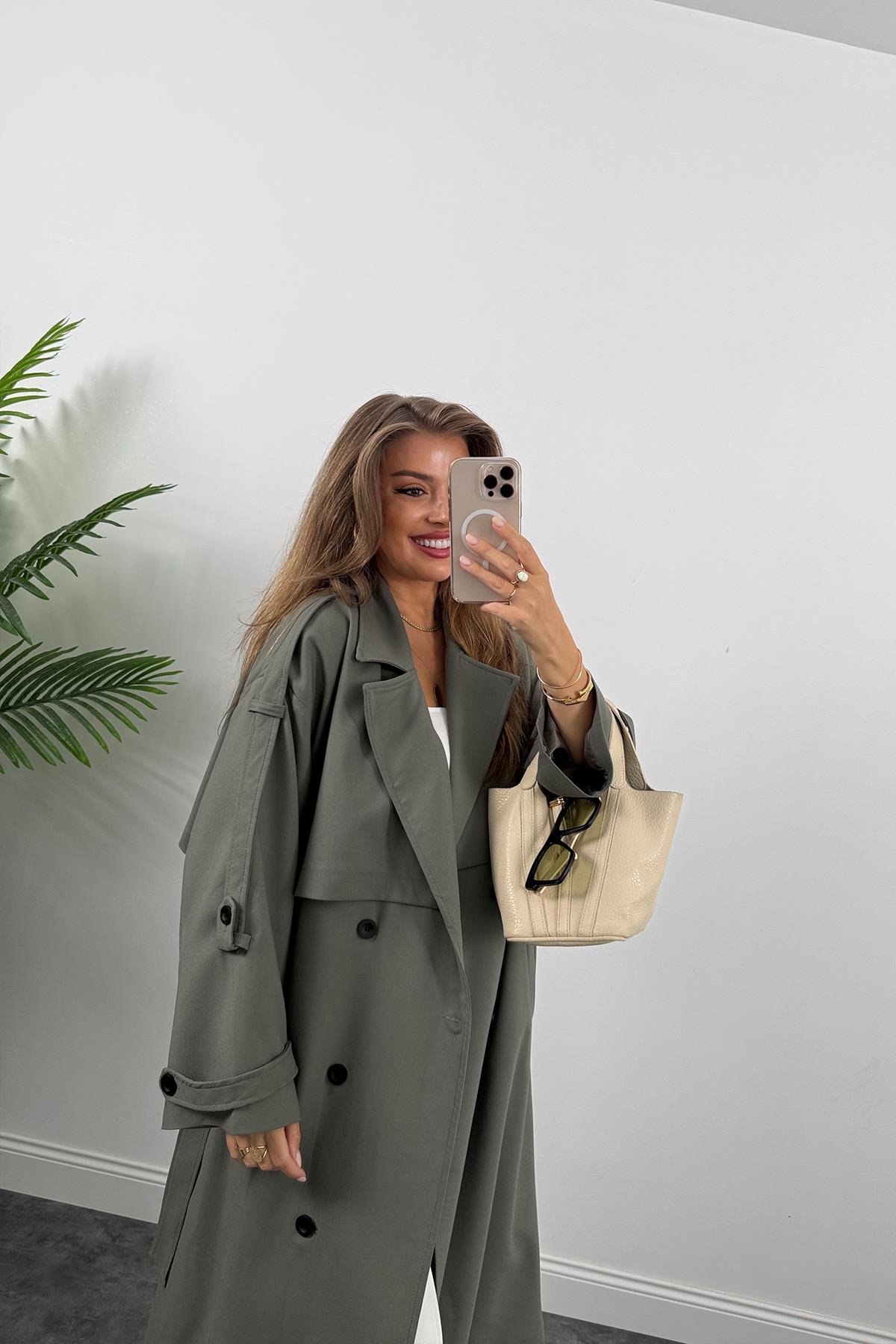 Premium Kalite Poliviskon Kumaş Astarlı Trençkot Orjinal Haki