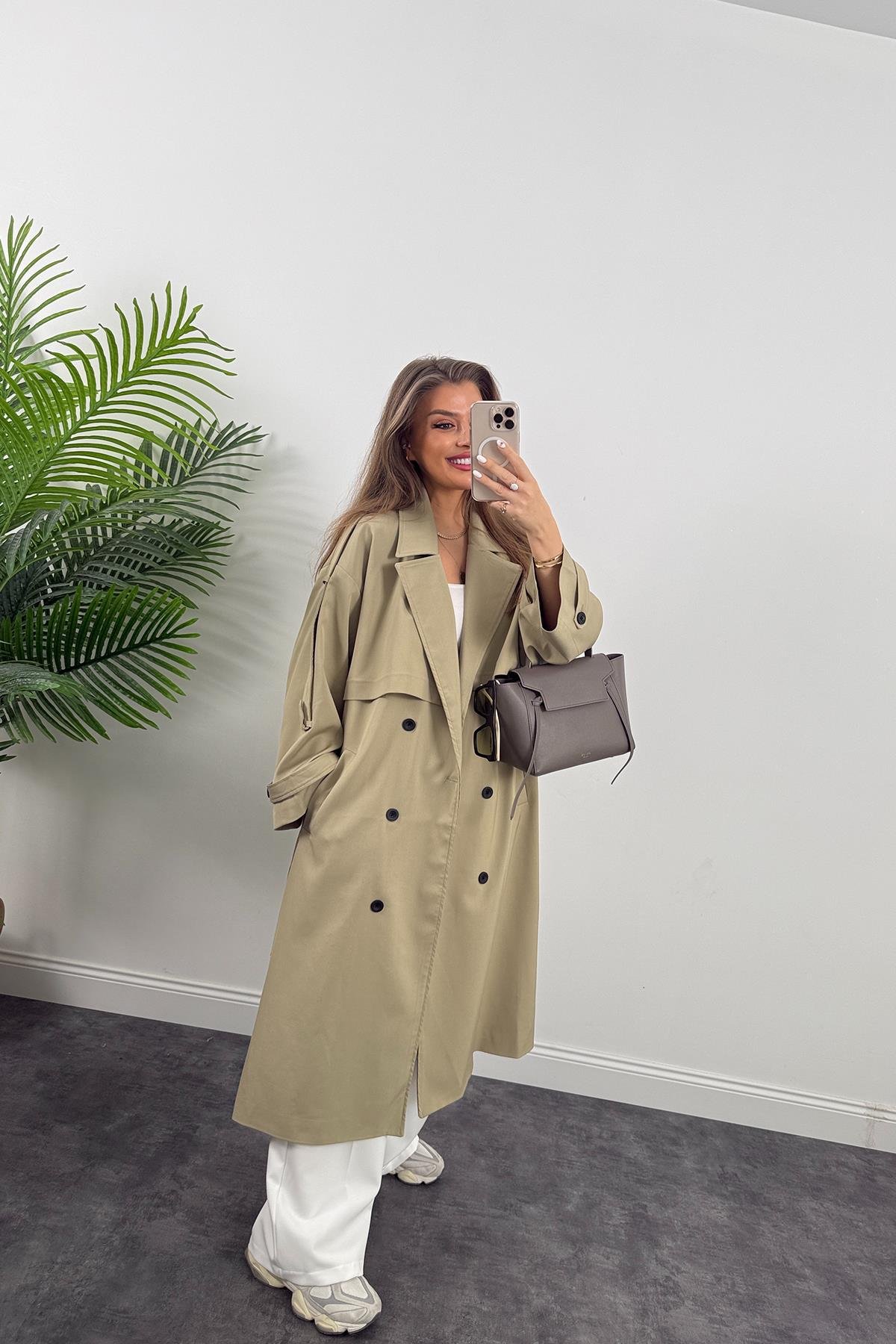 Premium Kalite Poliviskon Kumaş Astarlı Trençkot Yeşil