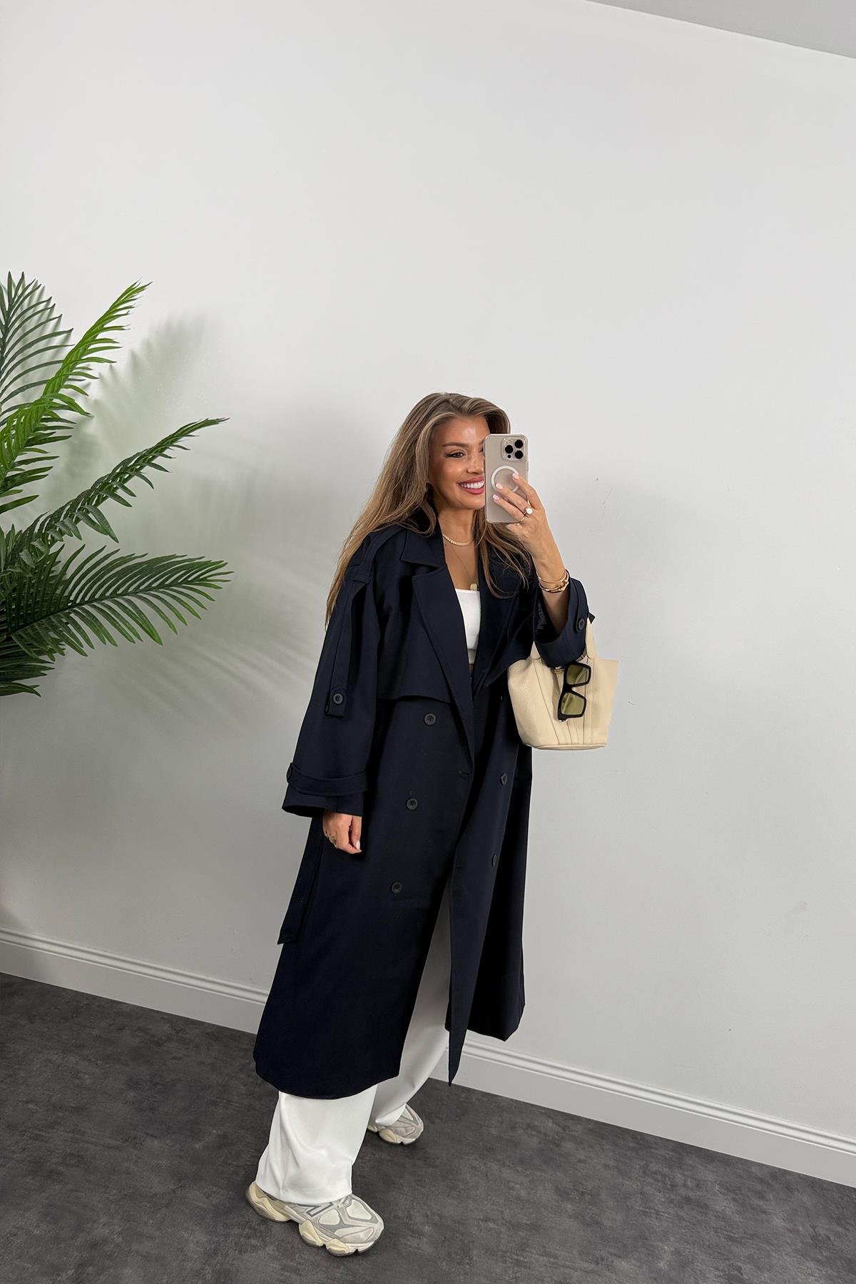 Premium Kalite Poliviskon Kumaş Astarlı Trençkot Lacivert