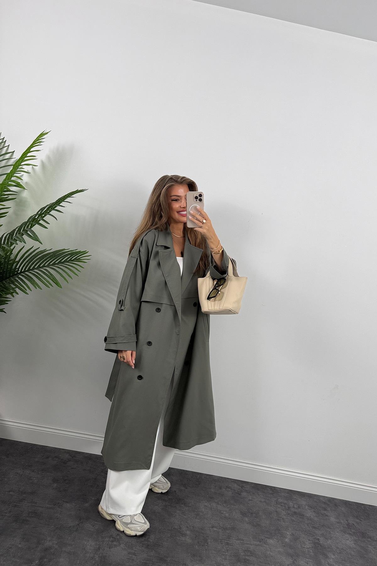 Premium Kalite Poliviskon Kumaş Astarlı Trençkot Orjinal Haki