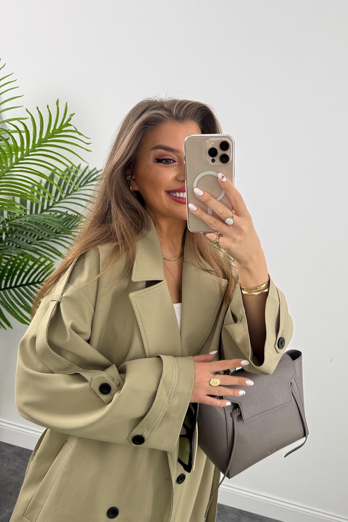 Premium Kalite Poliviskon Kumaş Astarlı Trençkot Yeşil