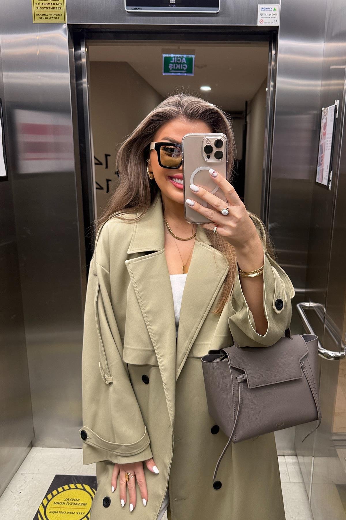 Premium Kalite Poliviskon Kumaş Astarlı Trençkot Yeşil