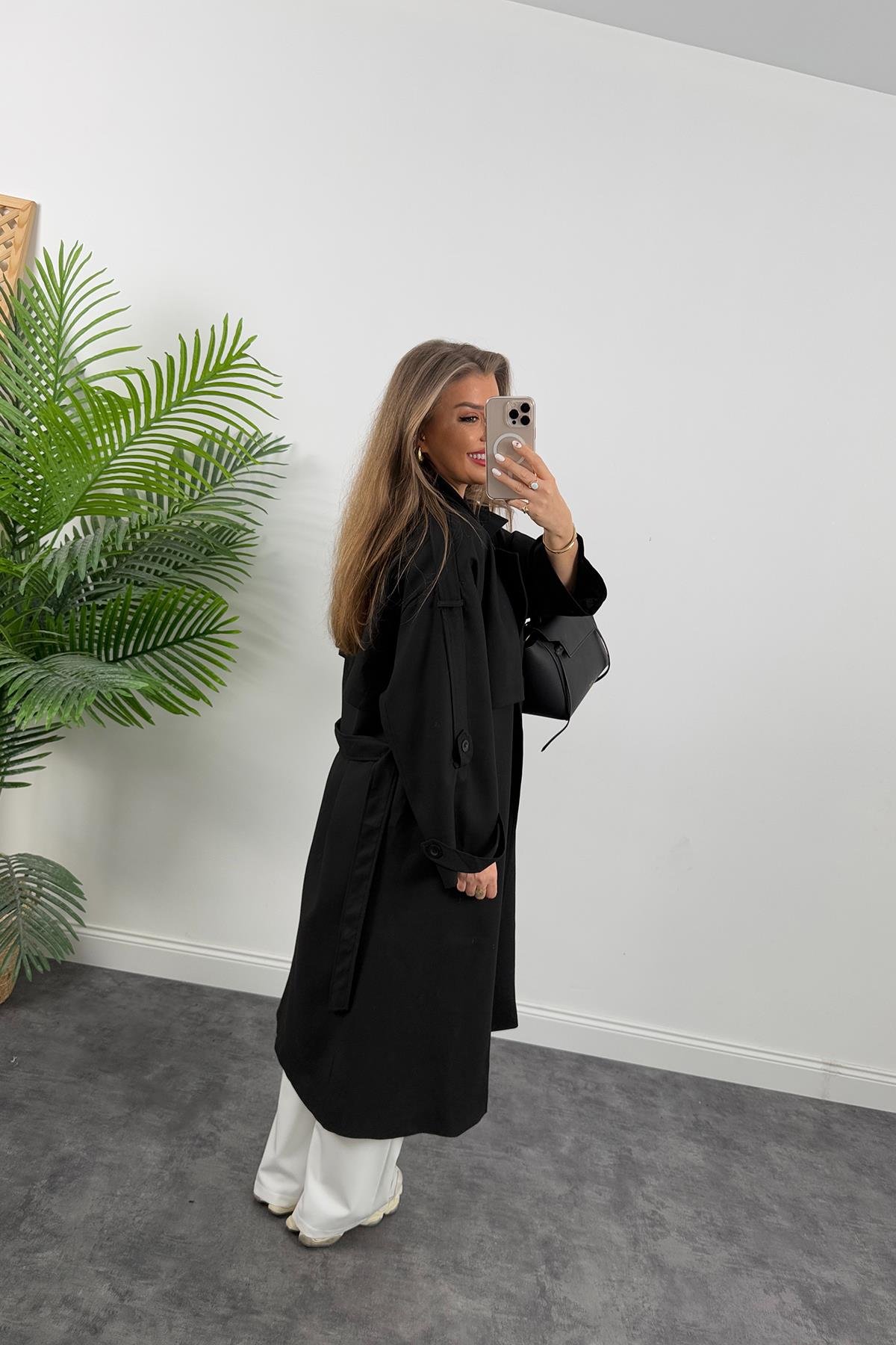 Premium Kalite Poliviskon Kumaş Astarlı Trençkot Siyah