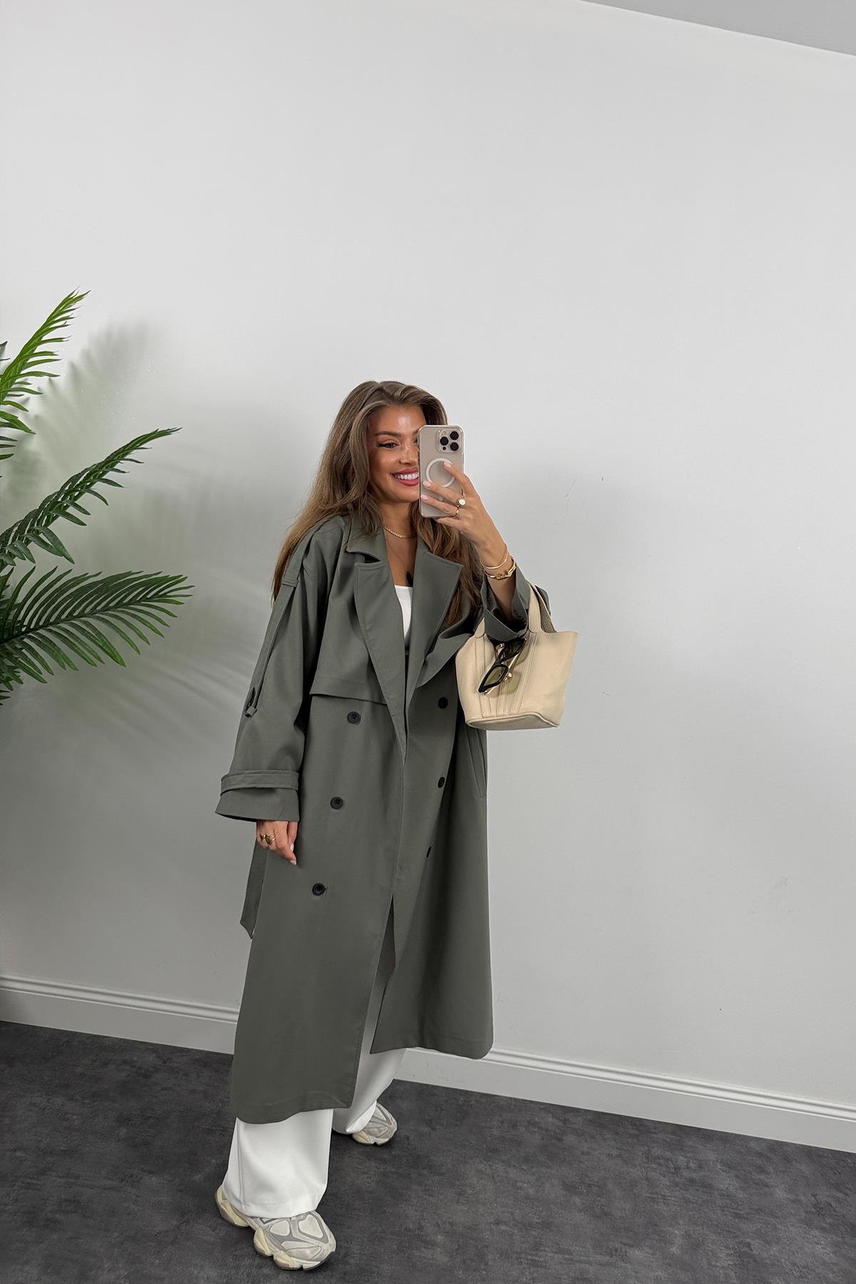 Premium Kalite Poliviskon Kumaş Astarlı Trençkot Orjinal Haki