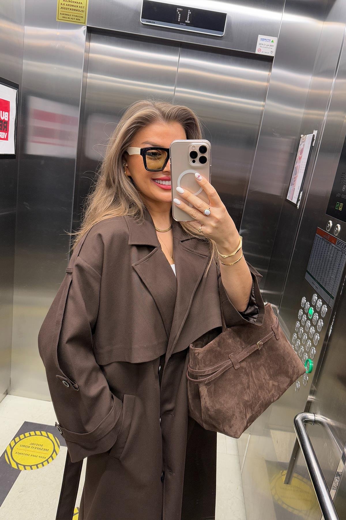 Premium Kalite Poliviskon Kumaş Astarlı Trençkot Acı Kahve