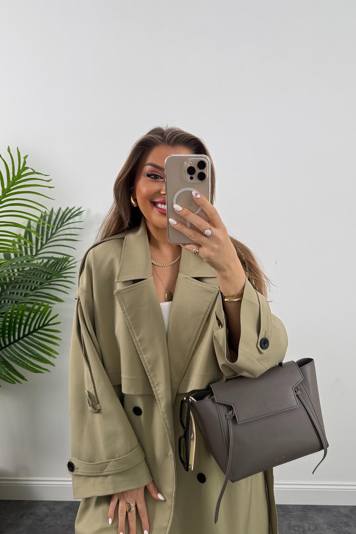 Premium Kalite Poliviskon Kumaş Astarlı Trençkot Yeşil