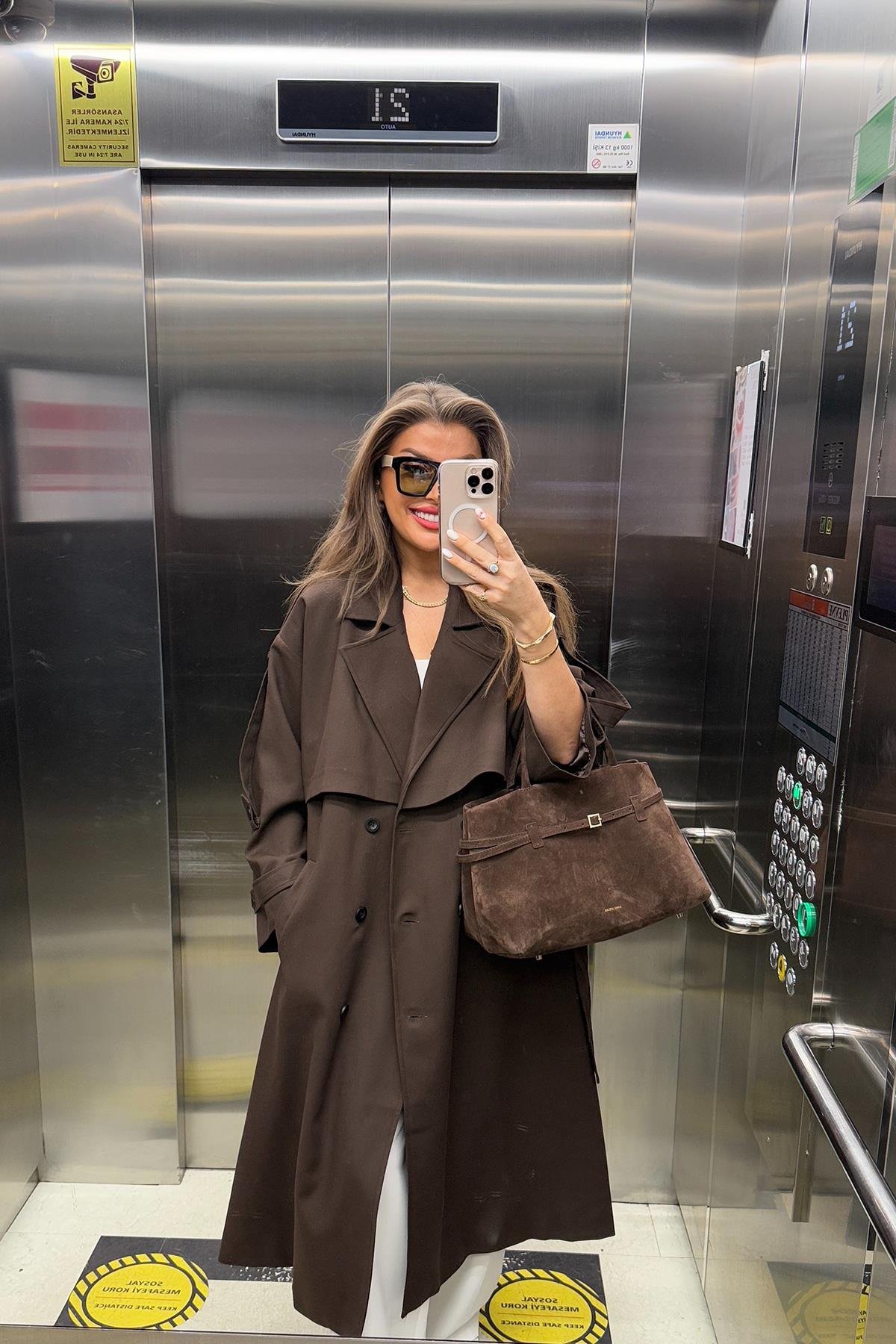 Premium Kalite Poliviskon Kumaş Astarlı Trençkot Acı Kahve