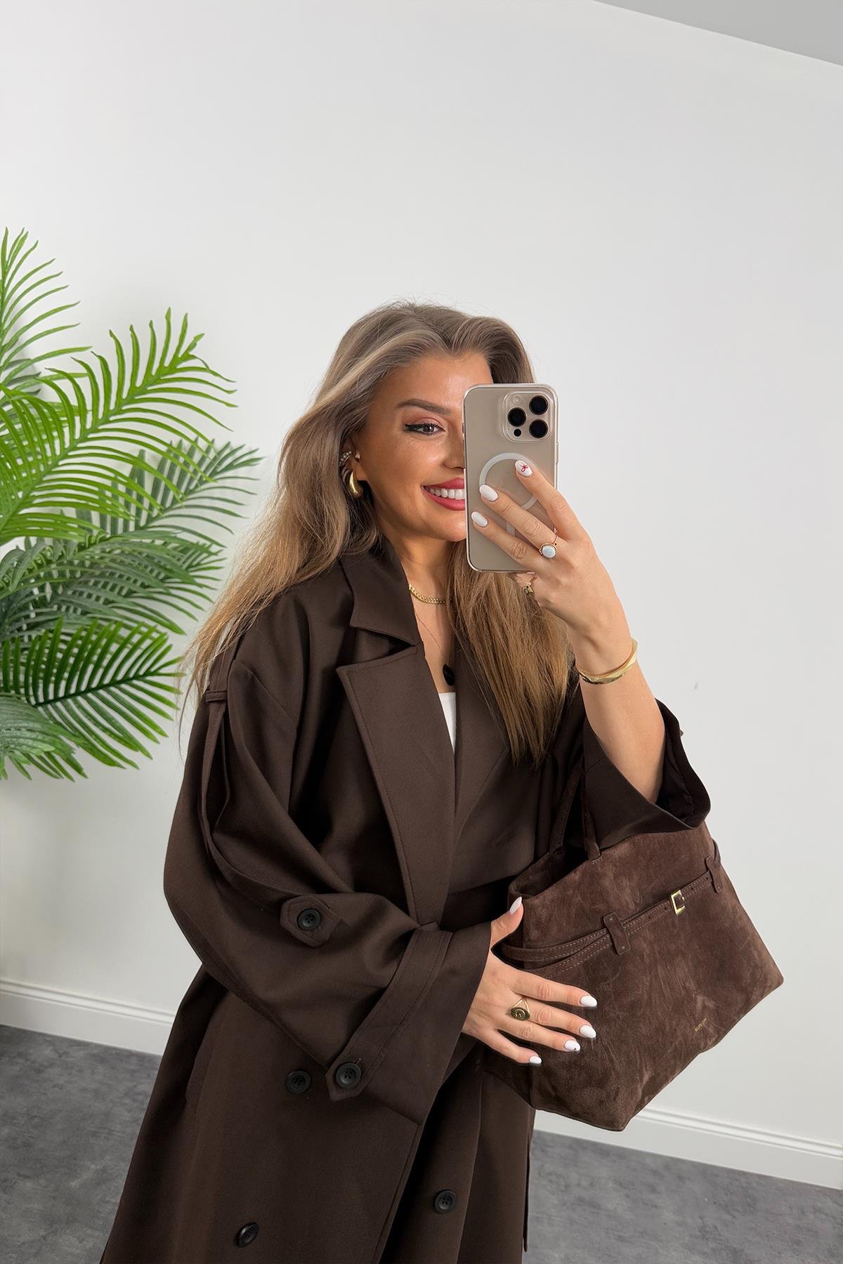 Premium Kalite Poliviskon Kumaş Astarlı Trençkot Acı Kahve