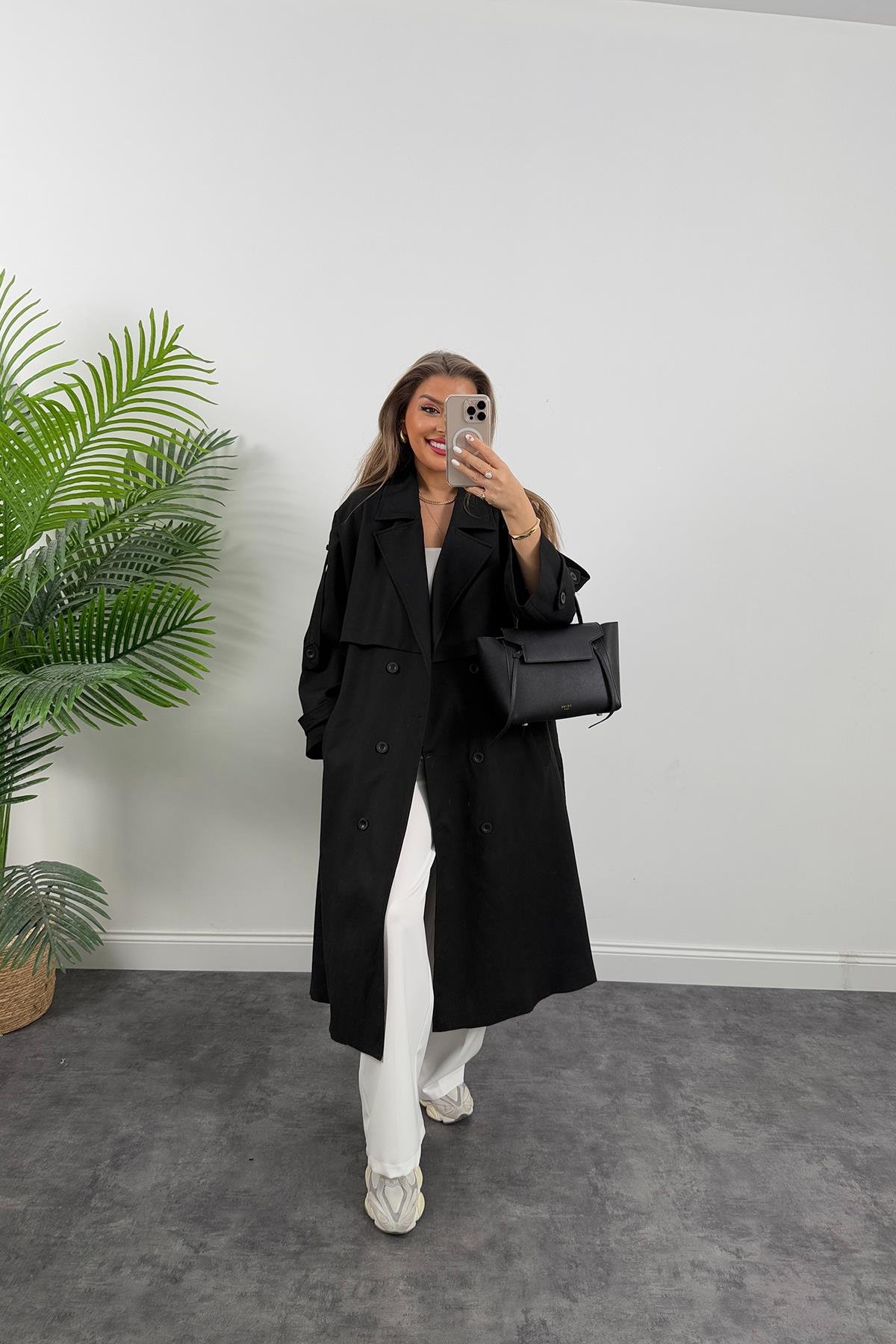 Premium Kalite Poliviskon Kumaş Astarlı Trençkot Siyah