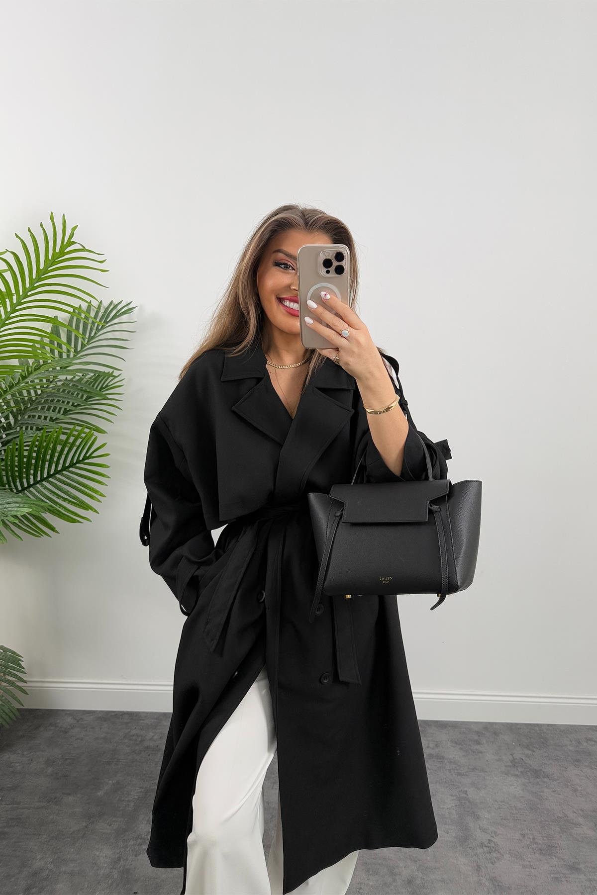 Premium Kalite Poliviskon Kumaş Astarlı Trençkot Siyah