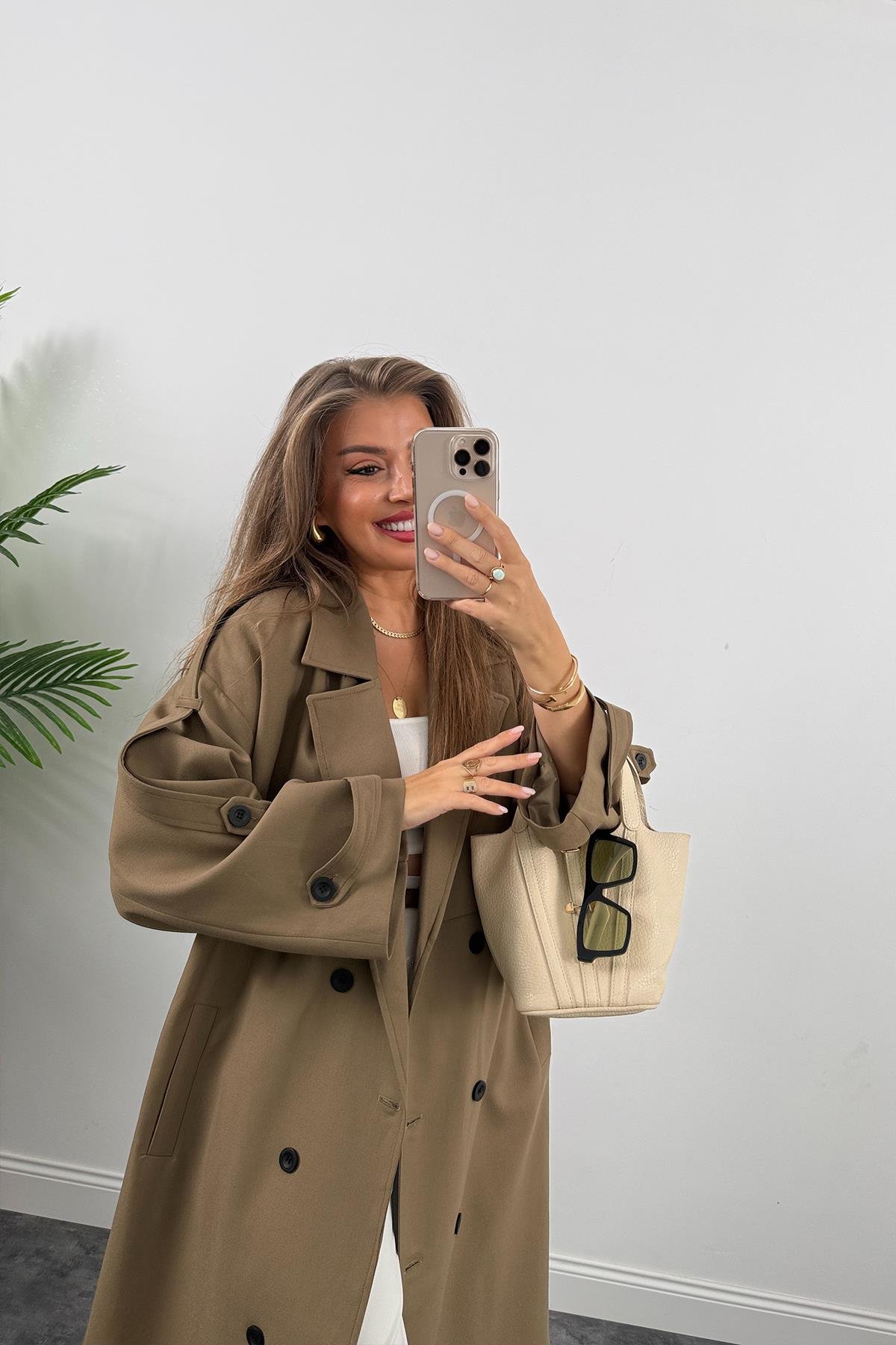 Premium Kalite Poliviskon Kumaş Astarlı Trençkot Karamel