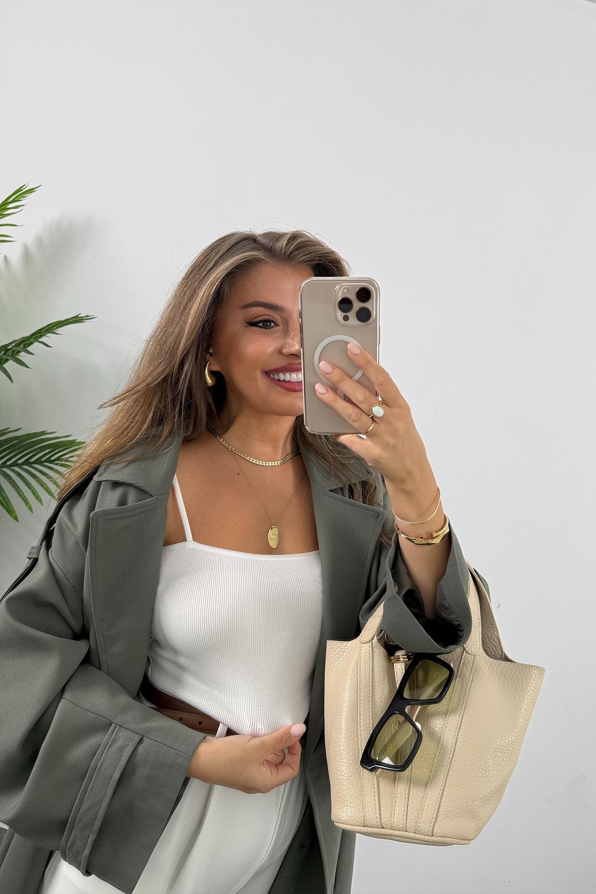 Premium Kalite Poliviskon Kumaş Astarlı Trençkot Orjinal Haki