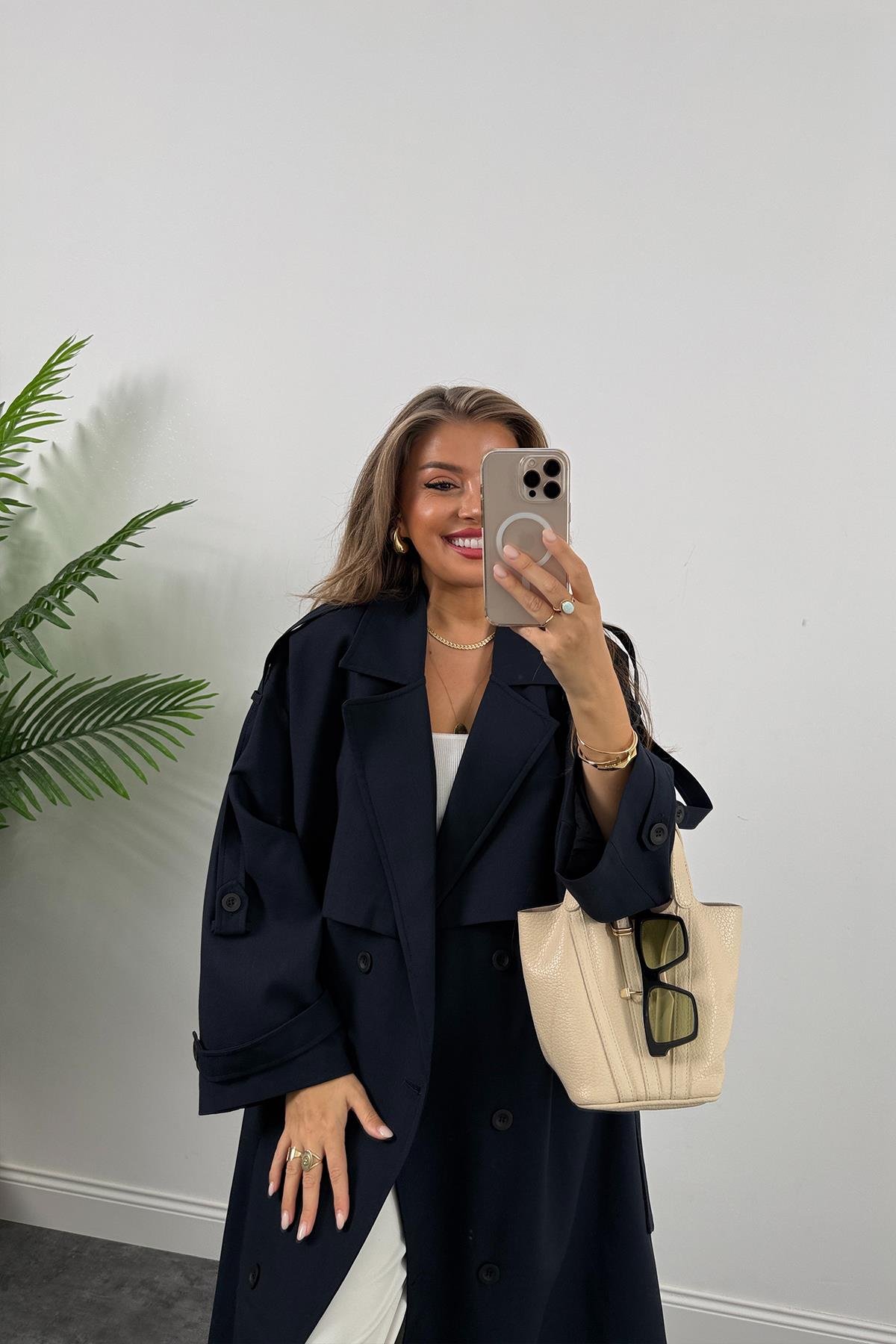 Premium Kalite Poliviskon Kumaş Astarlı Trençkot Lacivert