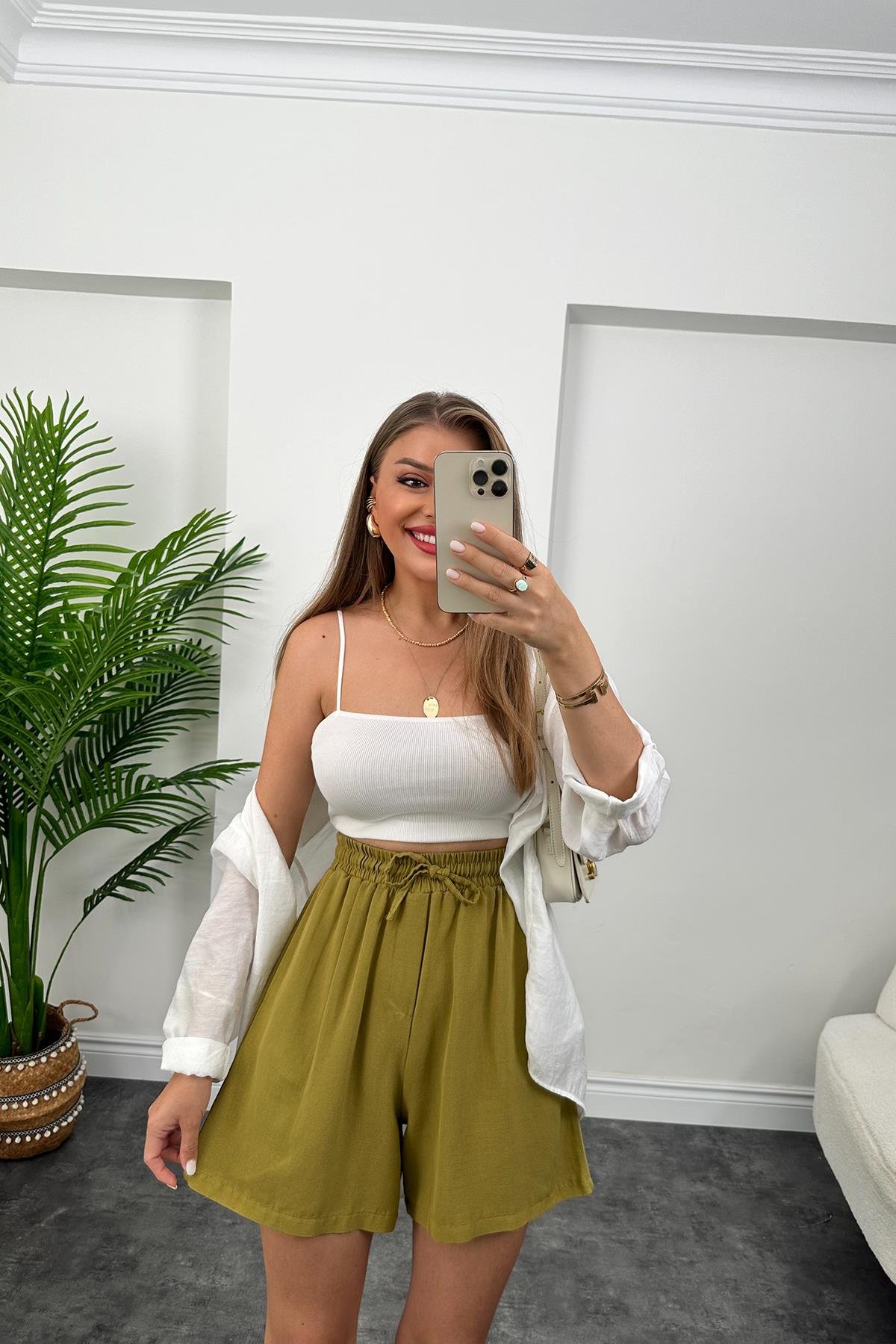 Premium Kalite Şehir Boy Basic Keten Şort Yağ Yeşili
