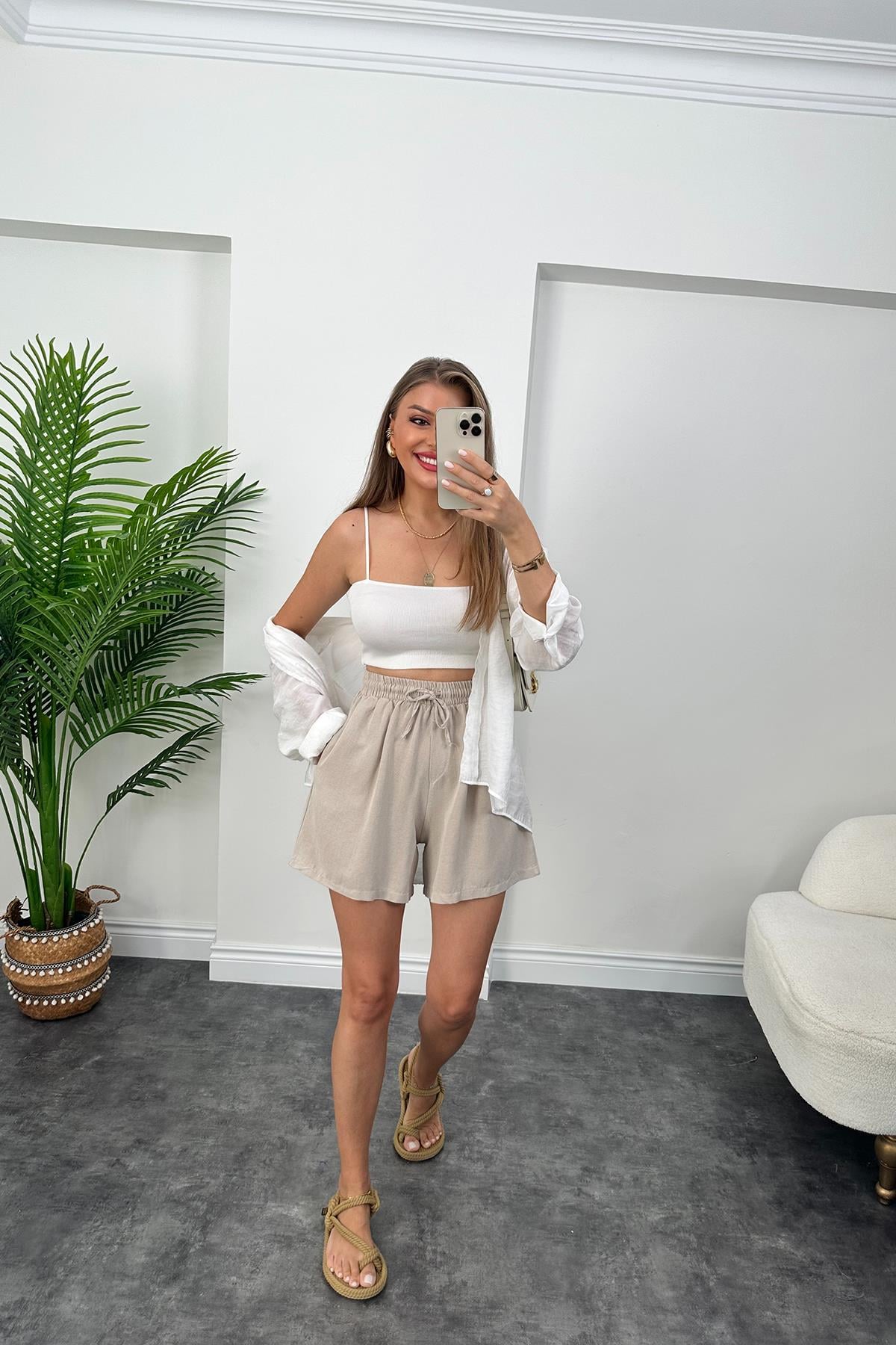 Premium Kalite Şehir Boy Basic Keten Şort Taş