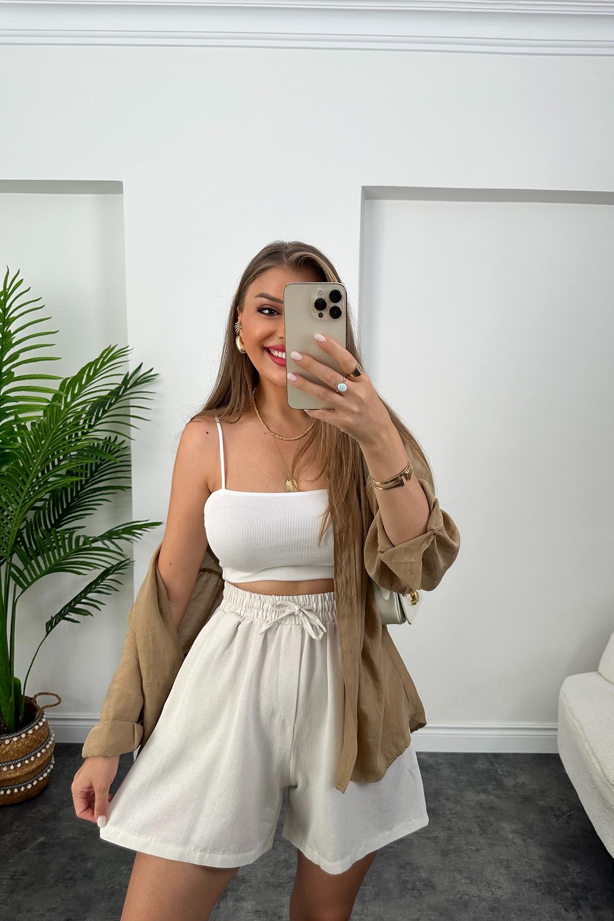 Premium Kalite Şehir Boy Basic Keten Şort Ekru
