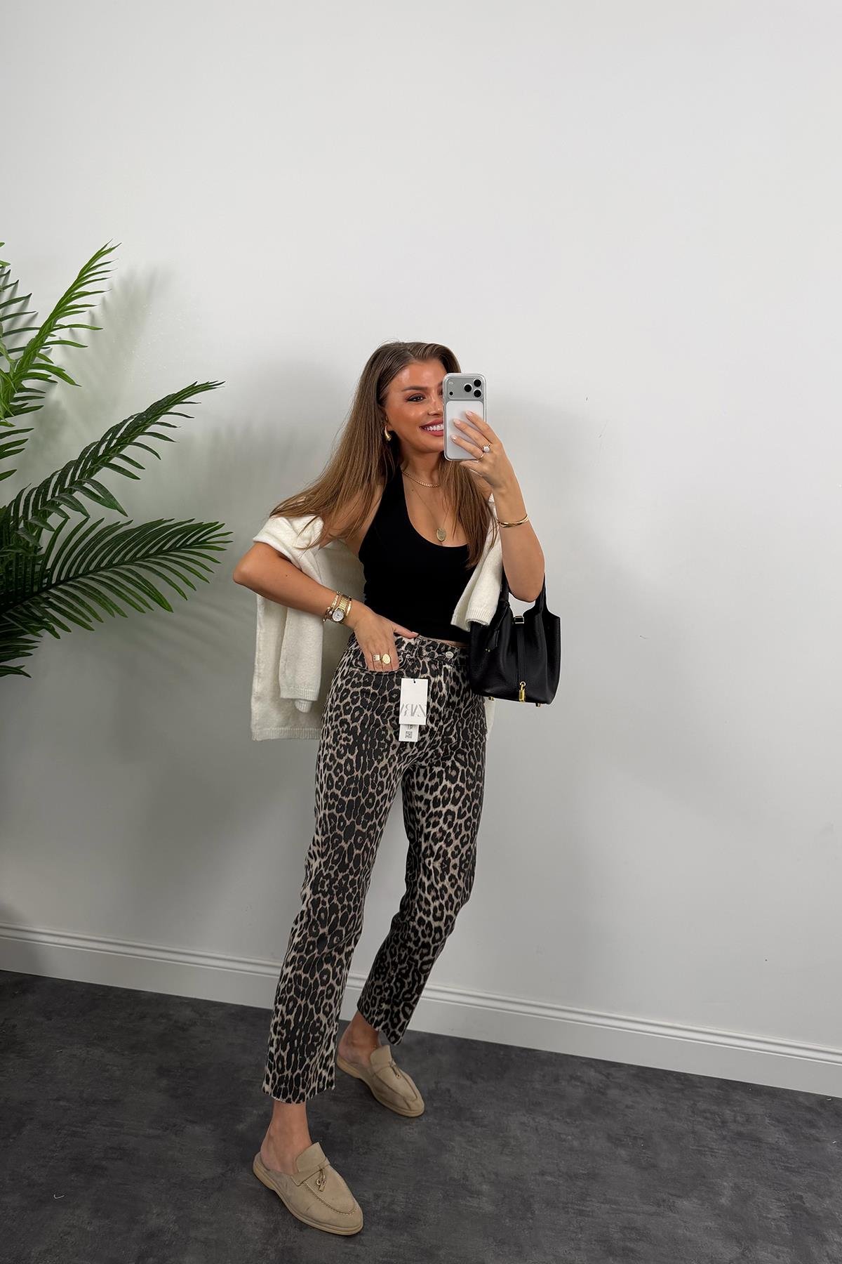 Premium Kalite Soluk Efekt Pamuklu  Leopar Bf Jean New