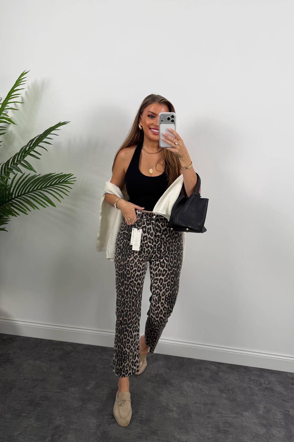 Premium Kalite Soluk Efekt Pamuklu  Leopar Bf Jean New