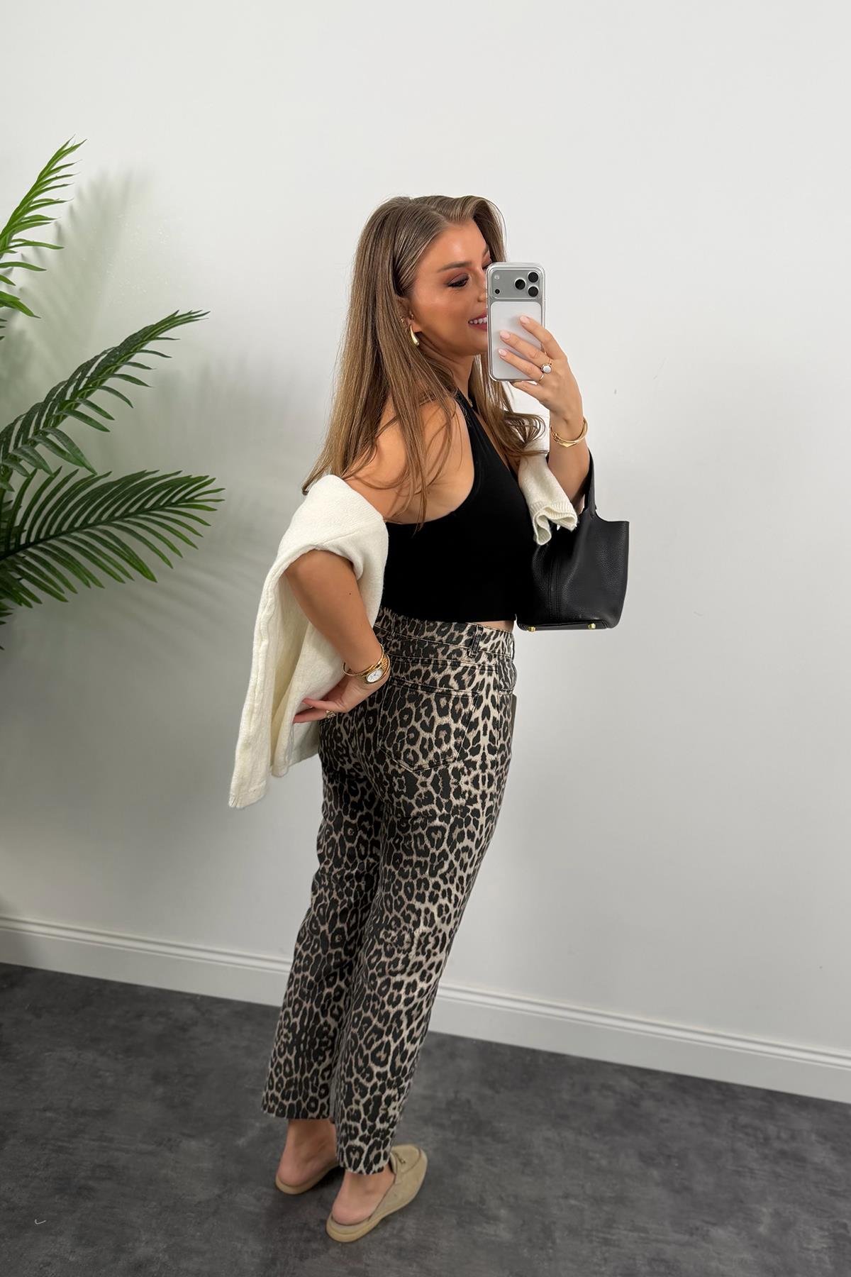 Premium Kalite Soluk Efekt Pamuklu  Leopar Bf Jean New