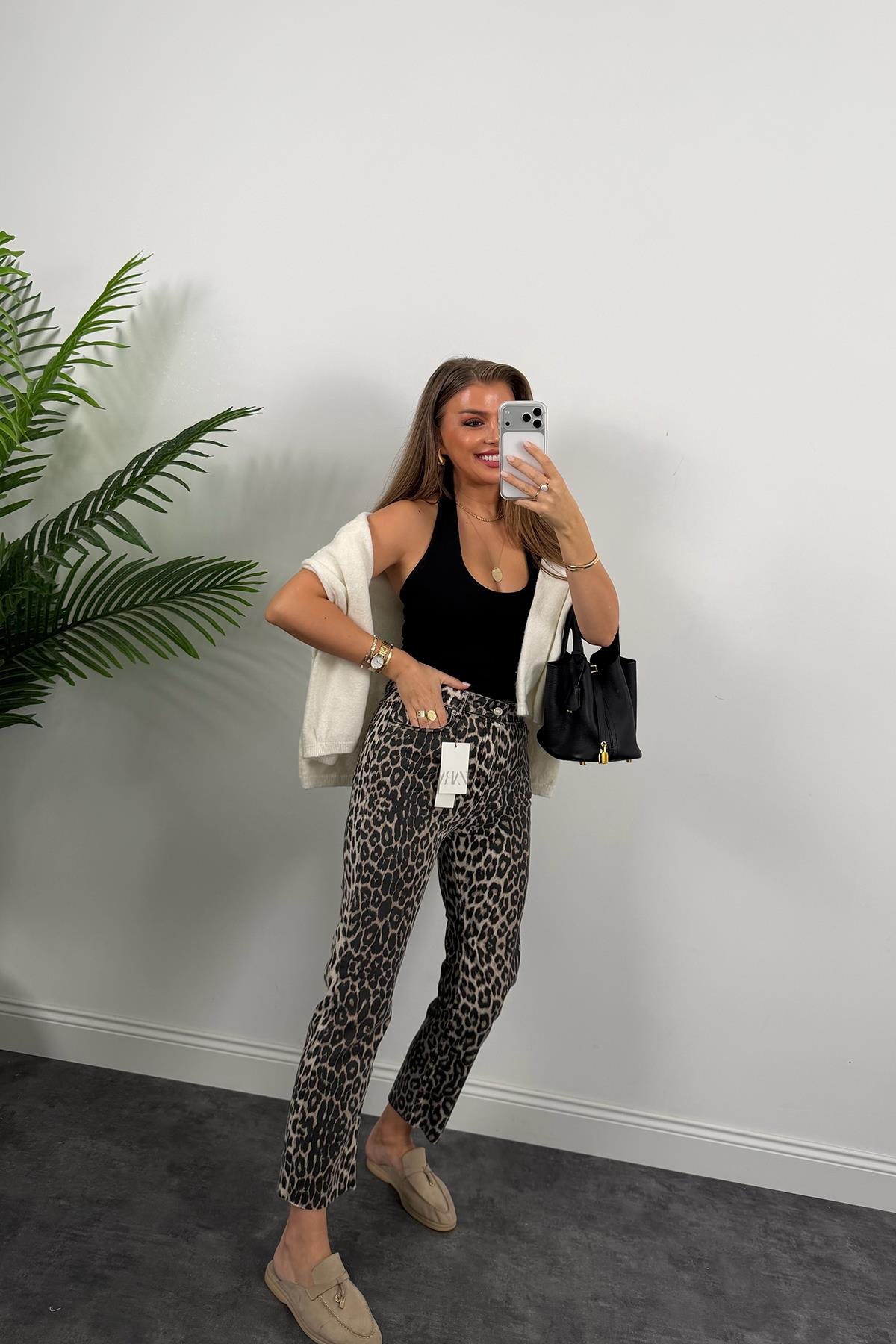 Premium Kalite Soluk Efekt Pamuklu  Leopar Bf Jean New