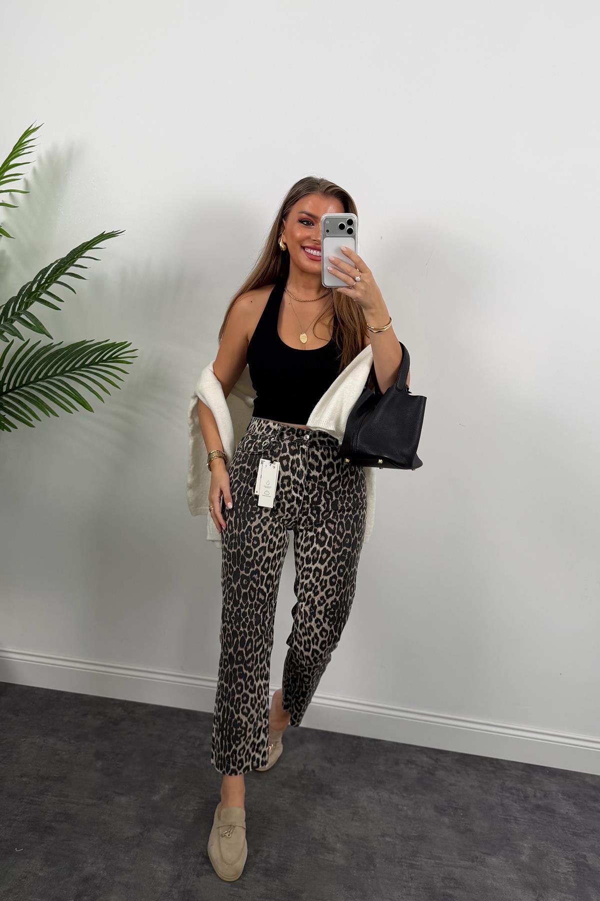 Premium Kalite Soluk Efekt Pamuklu  Leopar Bf Jean New