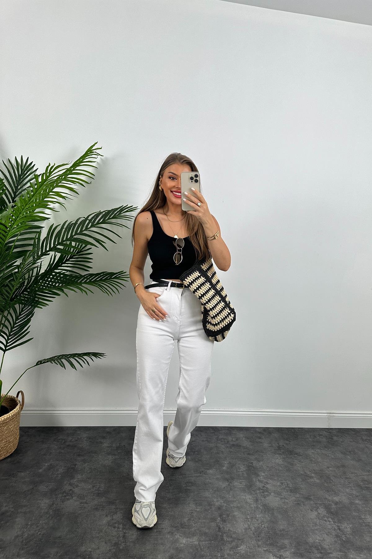 Premium Kalite Tam Pamuklu Likralı Straight Jean Beyaz