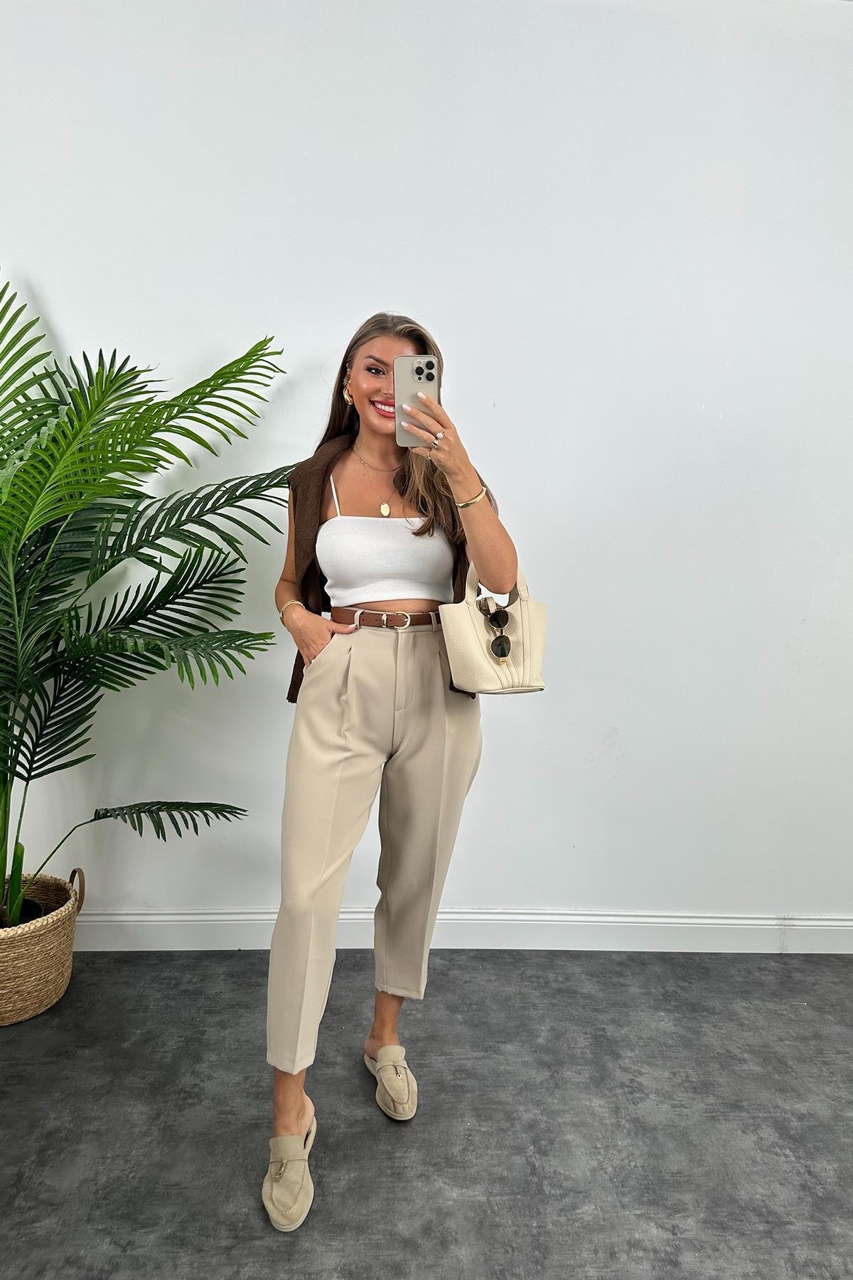 Premium Kalite Tok Kumaş Kemerli Havuç Pantolon Taş