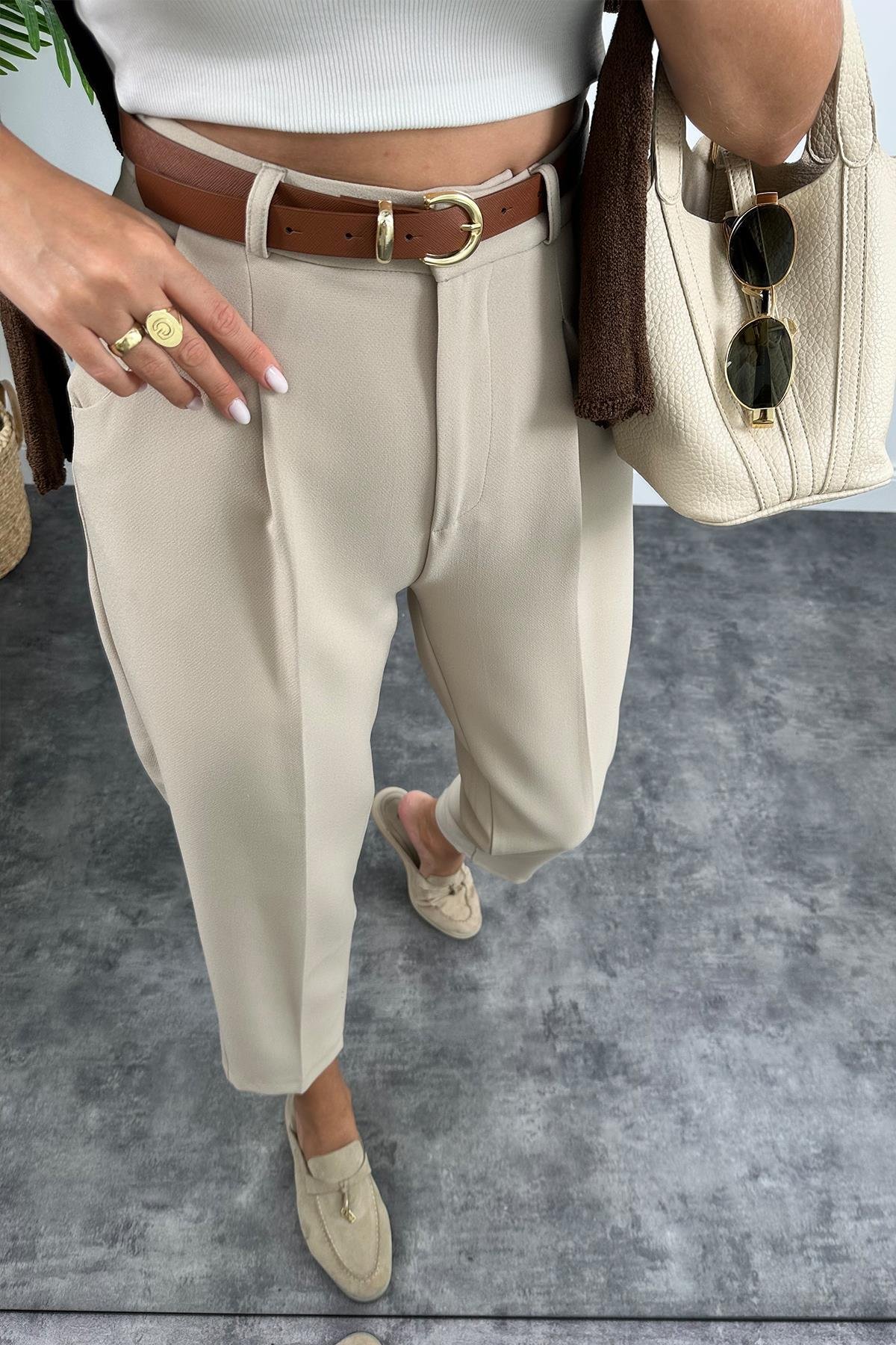 Premium Kalite Tok Kumaş Kemerli Havuç Pantolon Taş