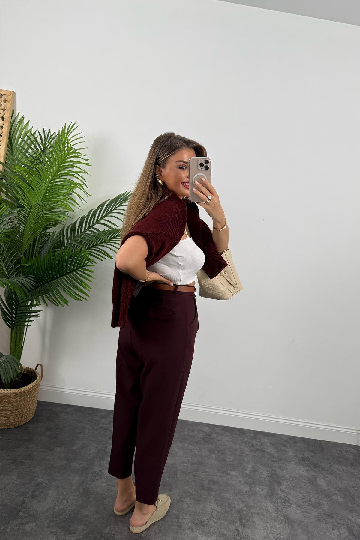 Premium Kalite Tok Kumaş Kemerli Havuç Pantolon Mürdüm Bordo
