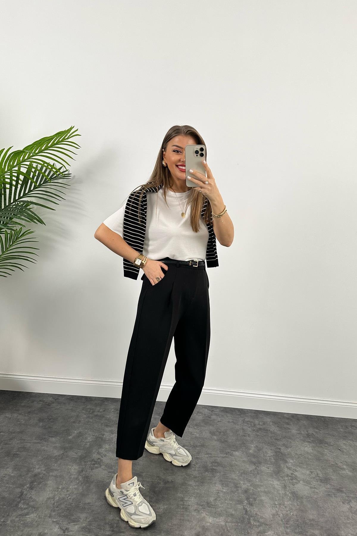 Premium Kalite Tok Kumaş Kemerli Havuç Pantolon Siyah