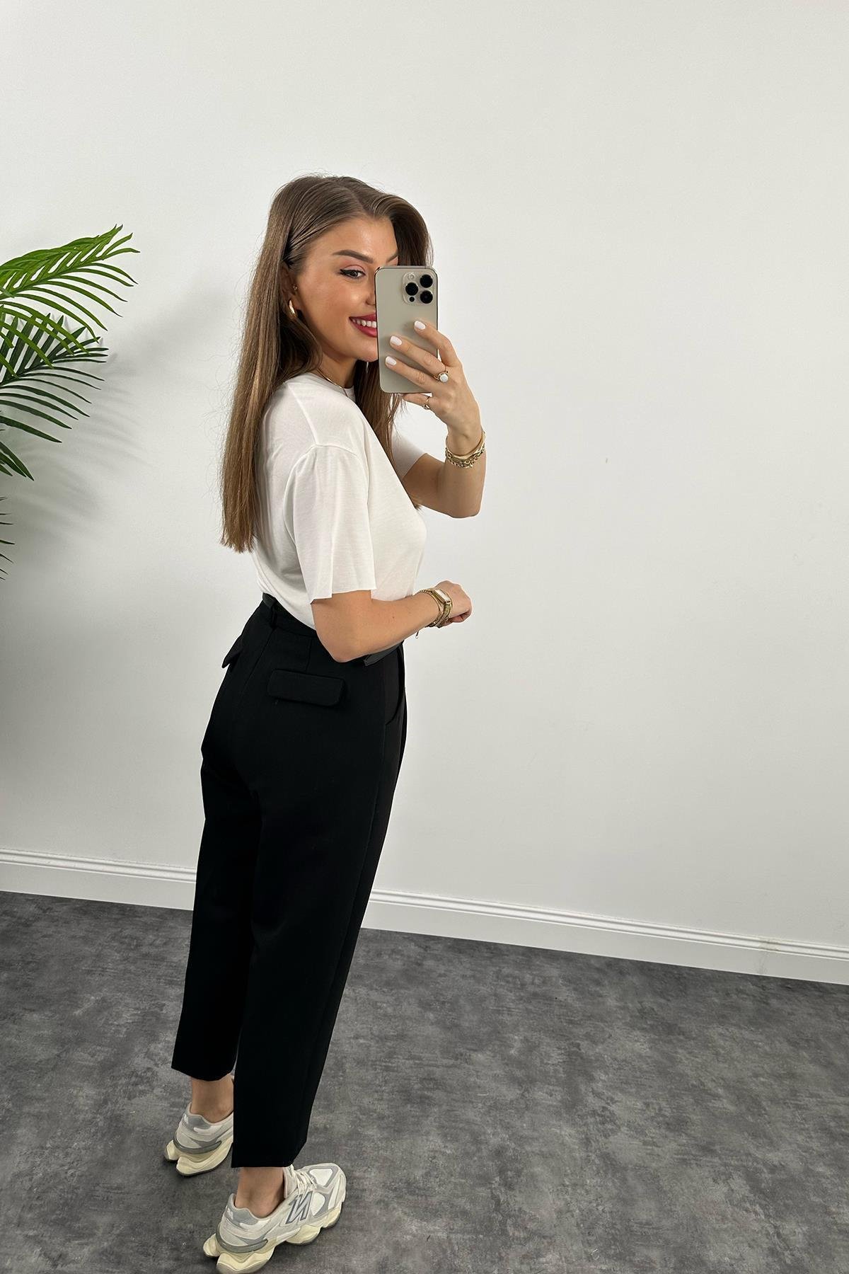 Premium Kalite Tok Kumaş Kemerli Havuç Pantolon Siyah