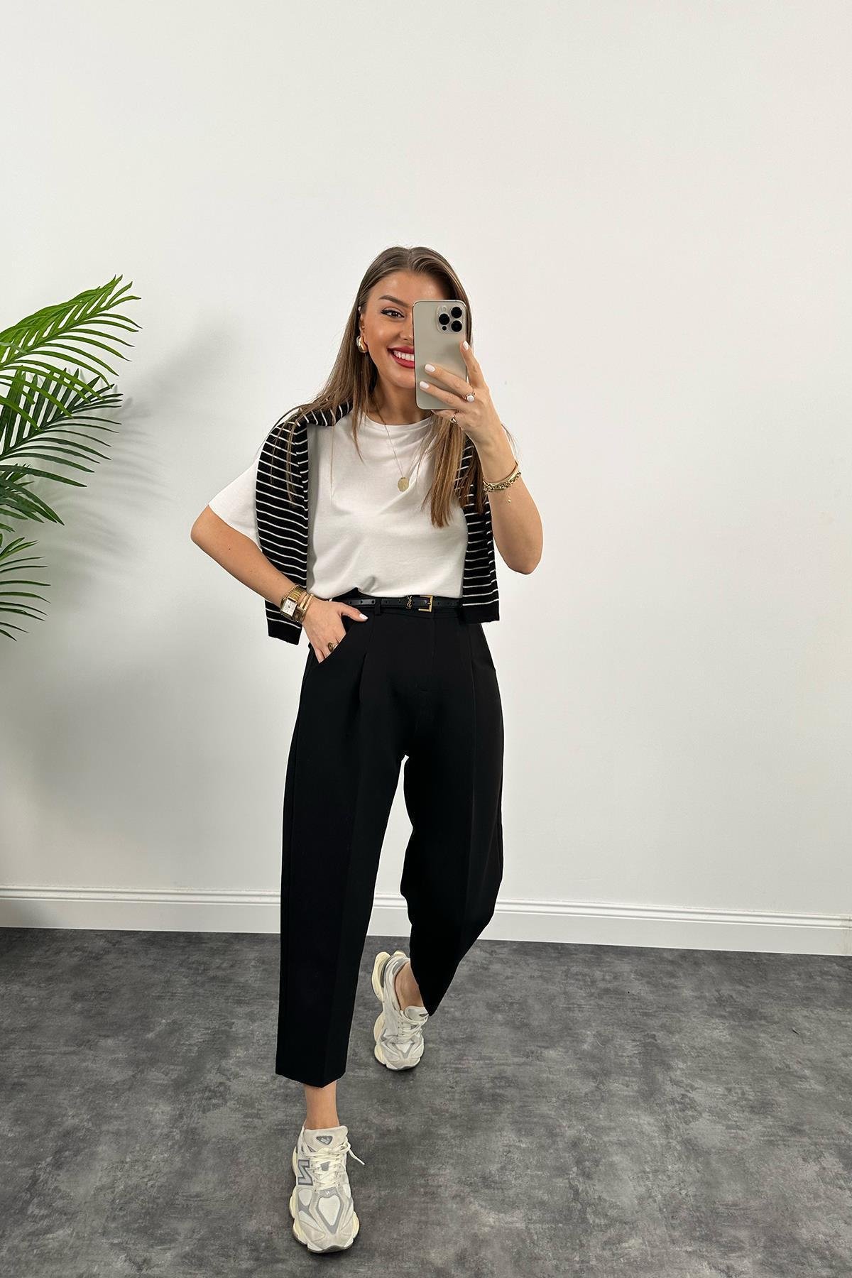 Premium Kalite Tok Kumaş Kemerli Havuç Pantolon Siyah