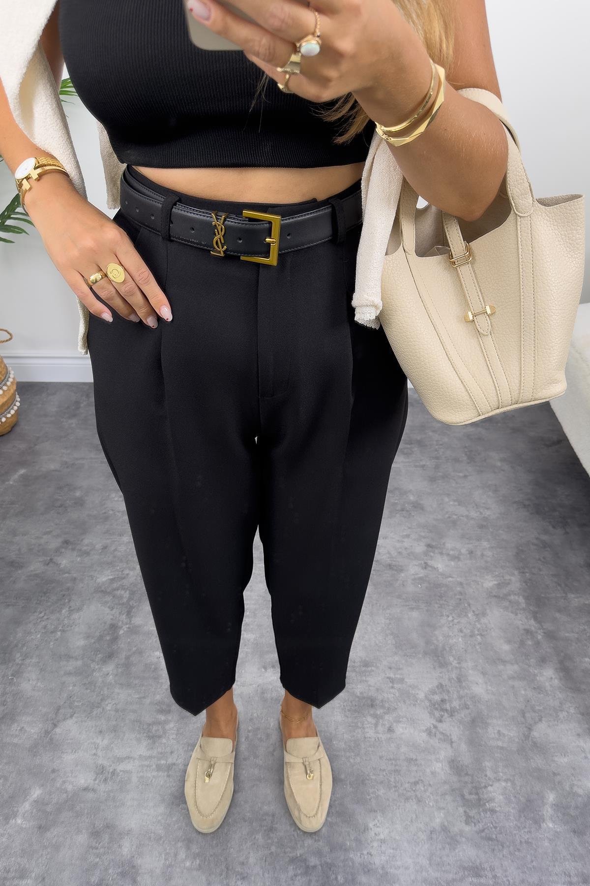 Premium Kalite Tok Kumaş Kemerli Havuç Pantolon Siyah  