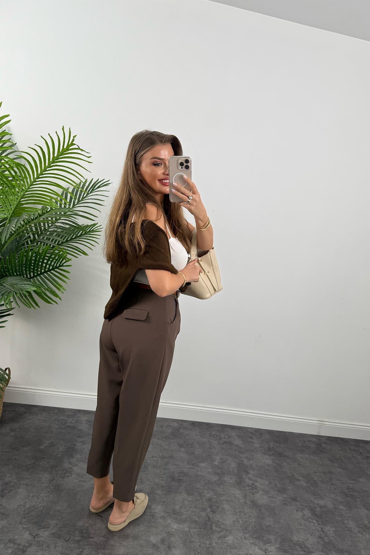 Premium Kalite Tok Kumaş Kemerli Havuç Pantolon Koyu Kahve