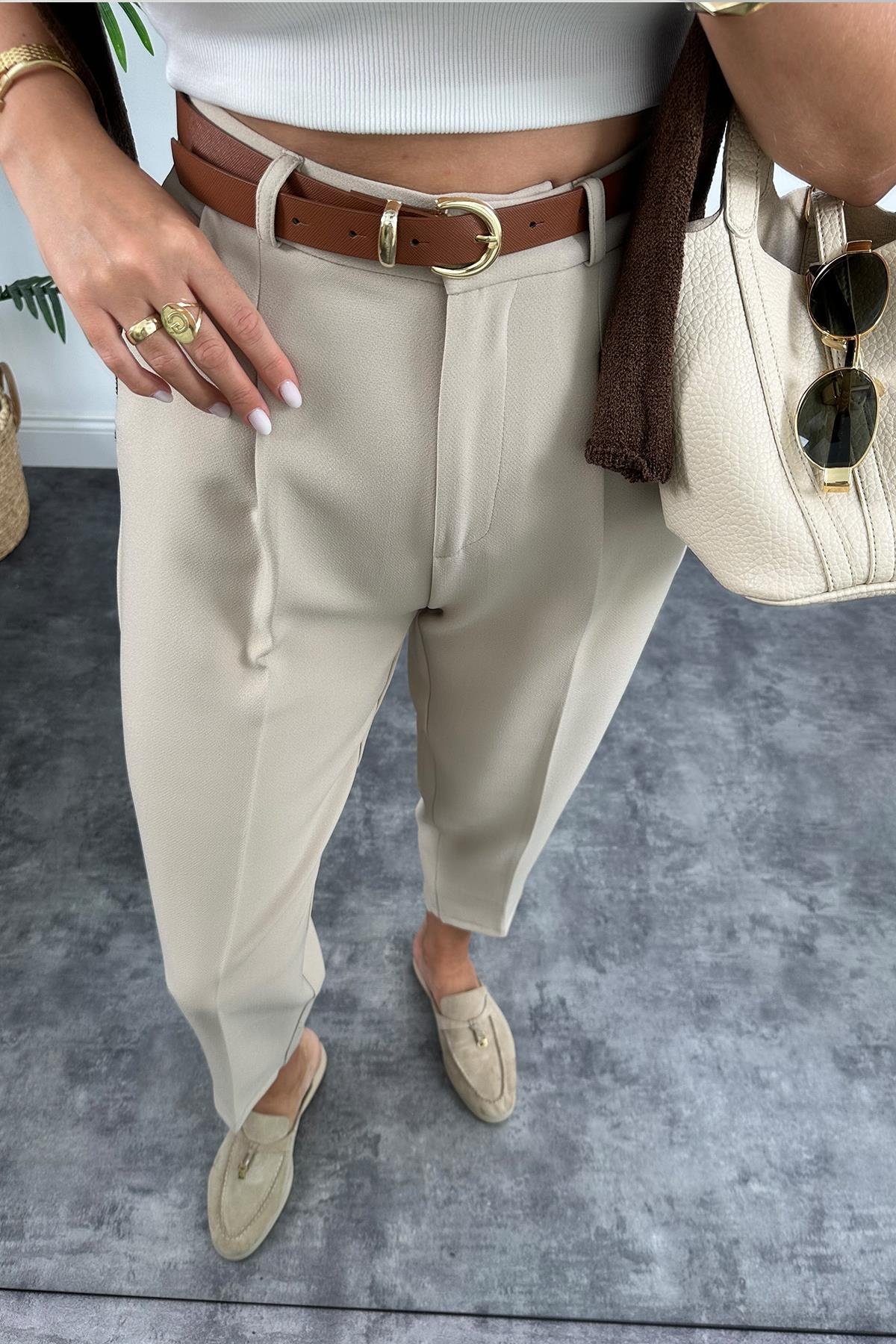 Premium Kalite Tok Kumaş Kemerli Havuç Pantolon Taş