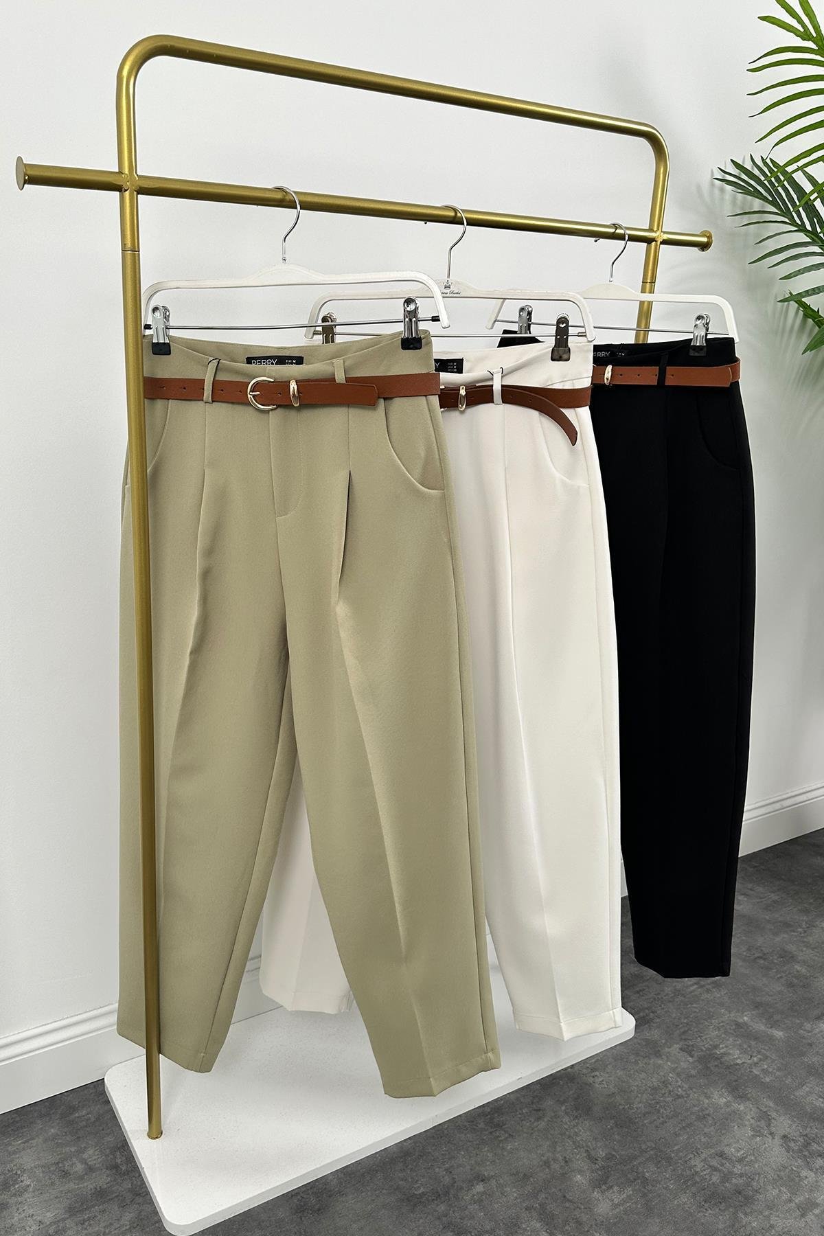 Premium Kalite Tok Kumaş Kemerli Havuç Pantolon Siyah